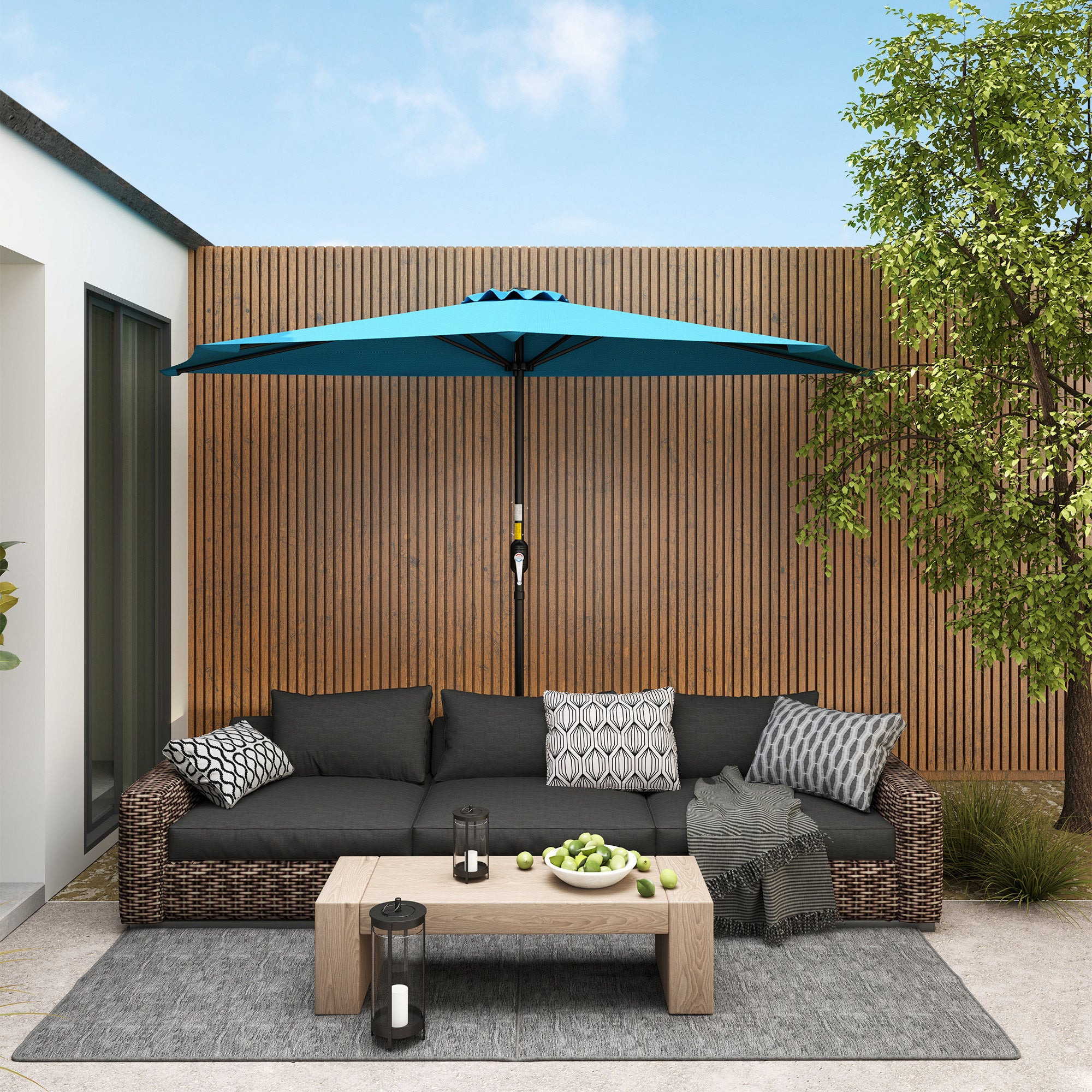 Outsunny 9ft Half Round Umbrella Outdoor Balcony Parasol Patio Garden Outdoor Window Sun Shade w/ 5 Ribs, Light Blue