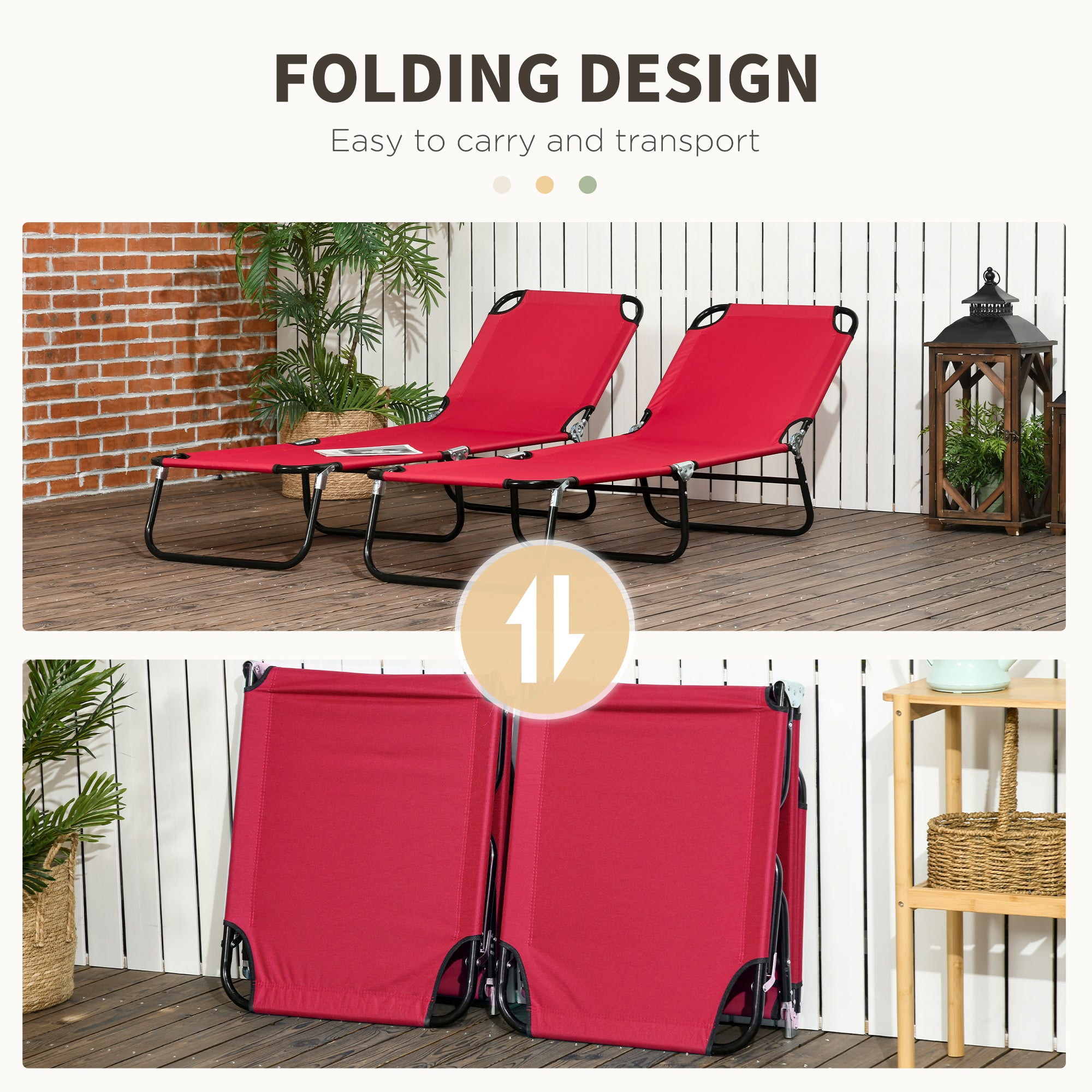 Outsunny Folding Outdoor Lounge Chair Set of 2, Steel Poolside Sun Tanning Chairs with 5 Level Reclining Back and Breathable Mesh for Beach, Yard, Patio, Wine Red