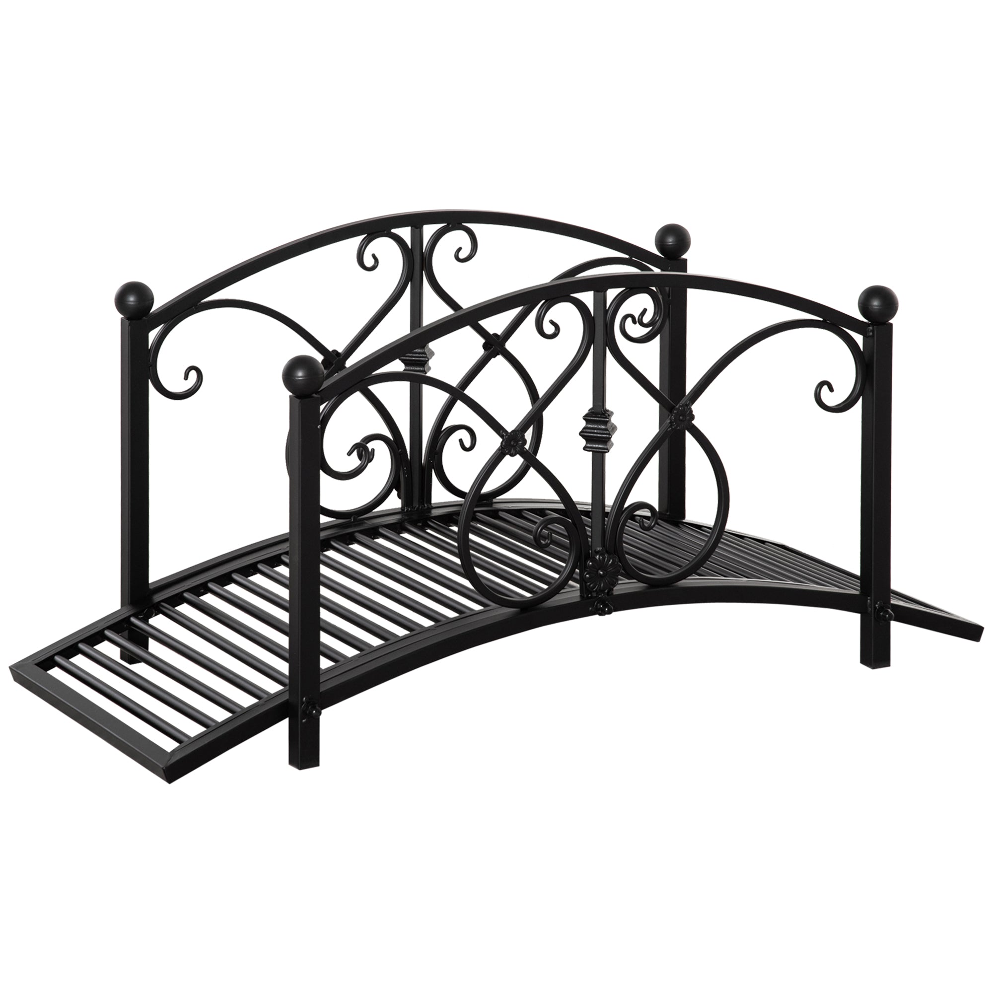 Outsunny 3.3FT Metal Arch Zen Garden Bridge with Safety Siderails, Decorative Footbridge, Delicate Floral Scrollwork for Stream, Fish Pond, Black