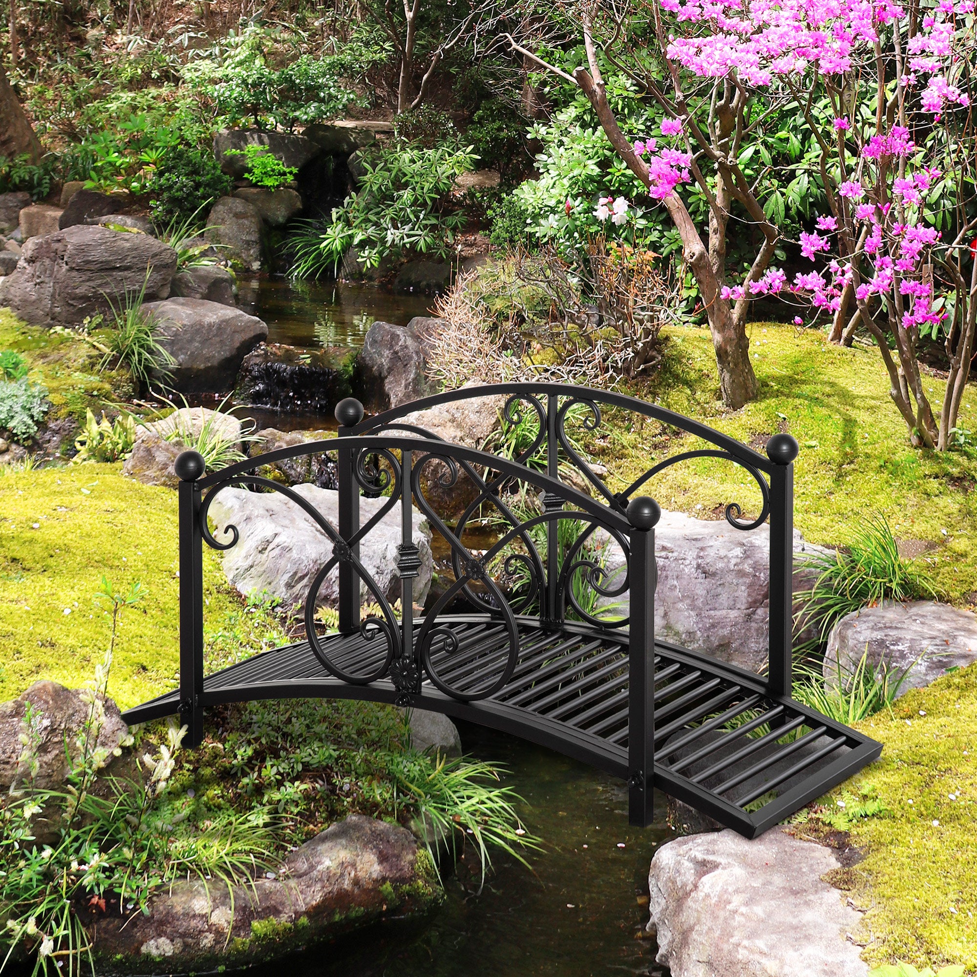 Outsunny 3.3FT Metal Arch Zen Garden Bridge with Safety Siderails, Decorative Footbridge, Delicate Floral Scrollwork for Stream, Fish Pond, Black