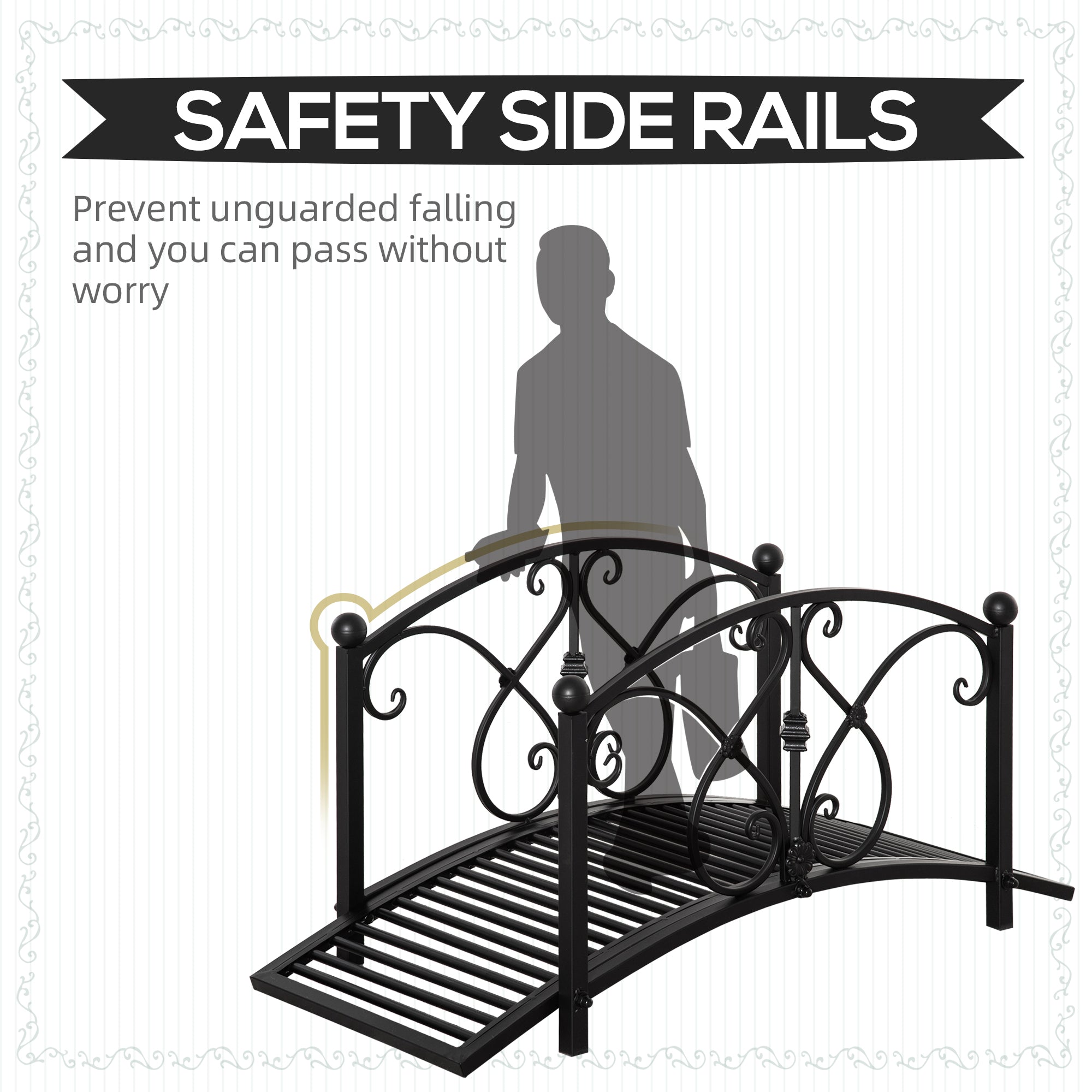 Outsunny 3.3FT Metal Arch Zen Garden Bridge with Safety Siderails, Decorative Footbridge, Delicate Floral Scrollwork for Stream, Fish Pond, Black