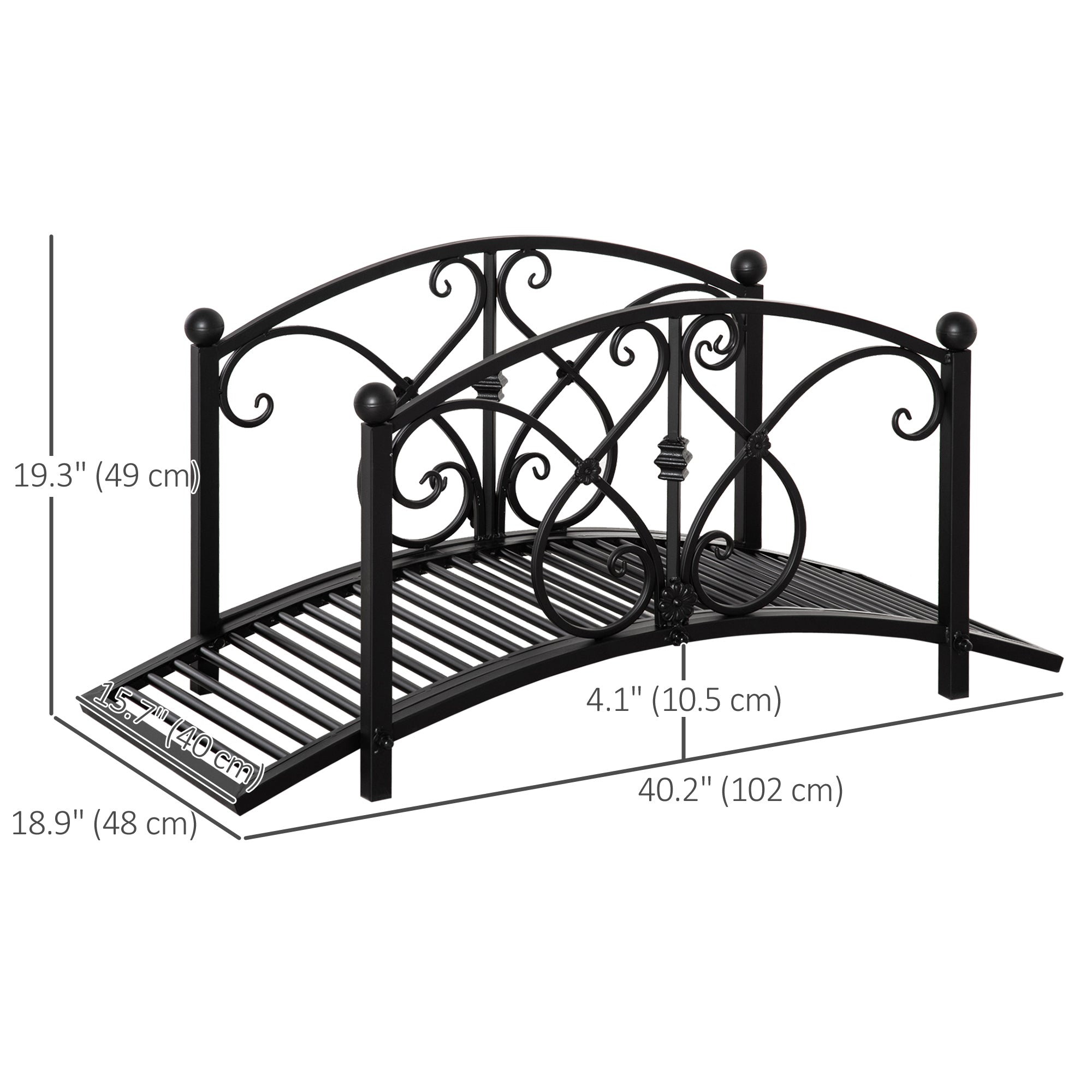 Outsunny 3.3FT Metal Arch Zen Garden Bridge with Safety Siderails, Decorative Footbridge, Delicate Floral Scrollwork for Stream, Fish Pond, Black