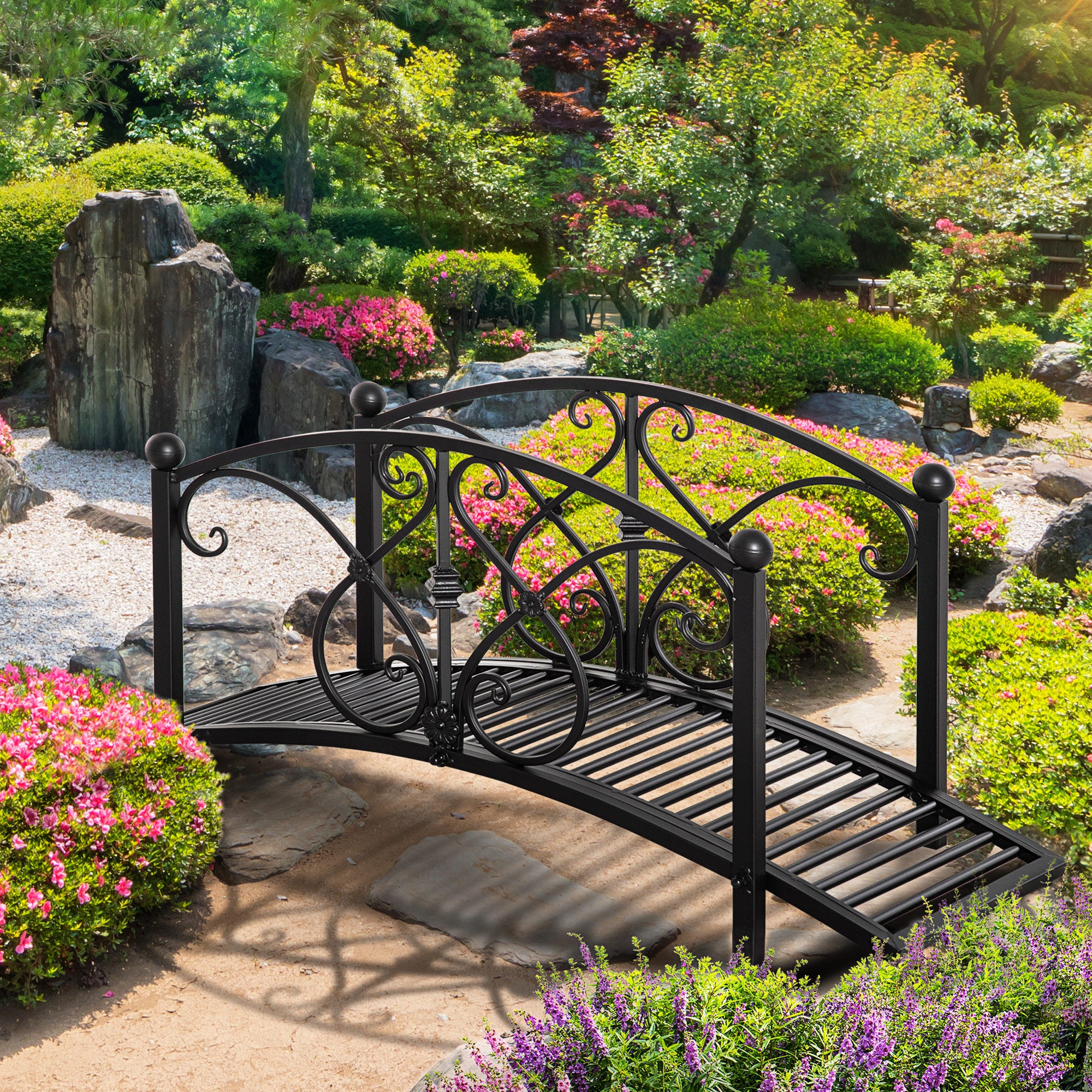 Outsunny 3.3FT Metal Arch Zen Garden Bridge with Safety Siderails, Decorative Footbridge, Delicate Floral Scrollwork for Stream, Fish Pond, Black