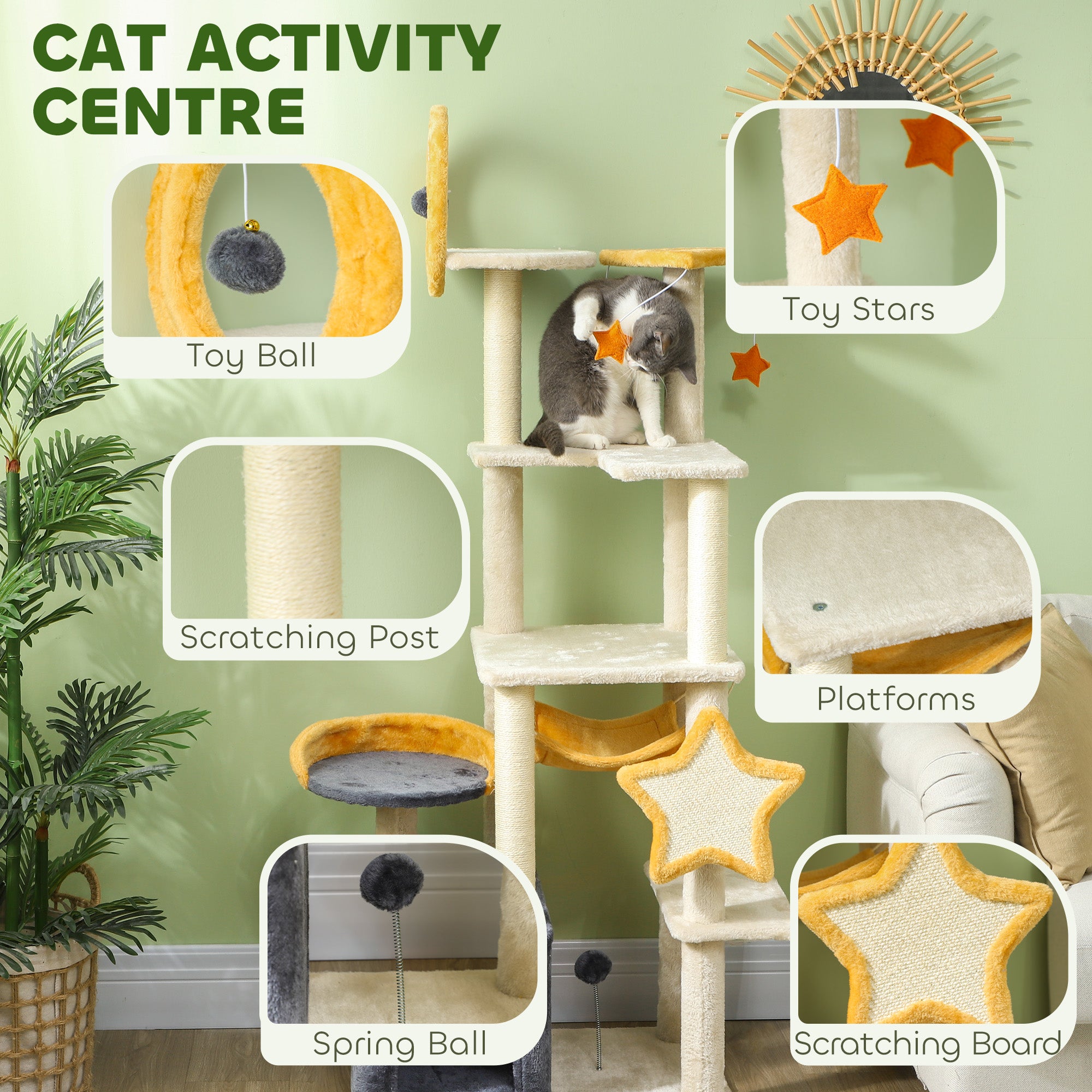 PawHut Cat Tower, 63 Inch Cat Tree for Large Cats Adult with Cat Scratching Posts, Cat Condo, Bed, Scratching Board, Cat Toys, Star and Moon Themed Cat Tree for Indoor Cats, Beige