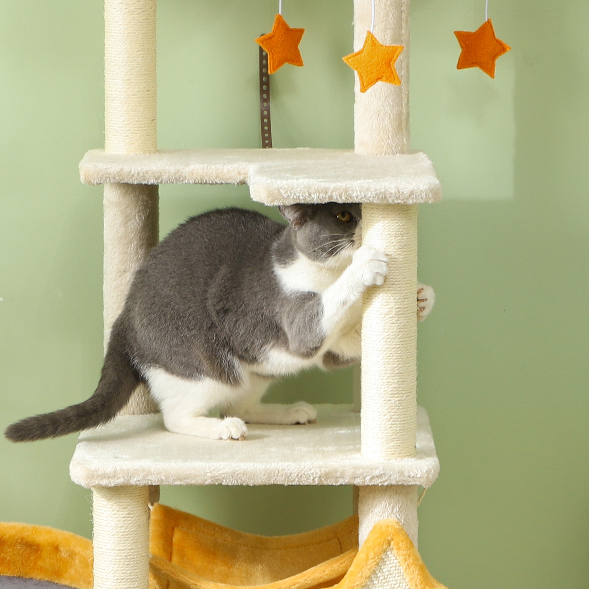 PawHut Cat Tower, 63 Inch Cat Tree for Large Cats Adult with Cat Scratching Posts, Cat Condo, Bed, Scratching Board, Cat Toys, Star and Moon Themed Cat Tree for Indoor Cats, Beige