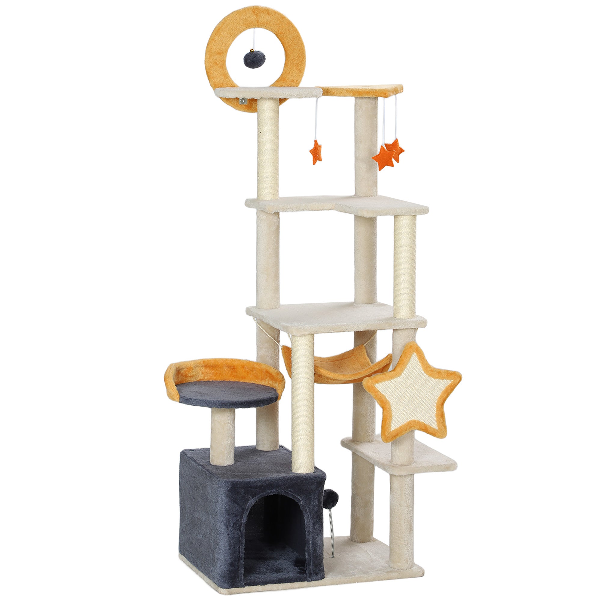 PawHut Cat Tower, 63 Inch Cat Tree for Large Cats Adult with Cat Scratching Posts, Cat Condo, Bed, Scratching Board, Cat Toys, Star and Moon Themed Cat Tree for Indoor Cats, Beige
