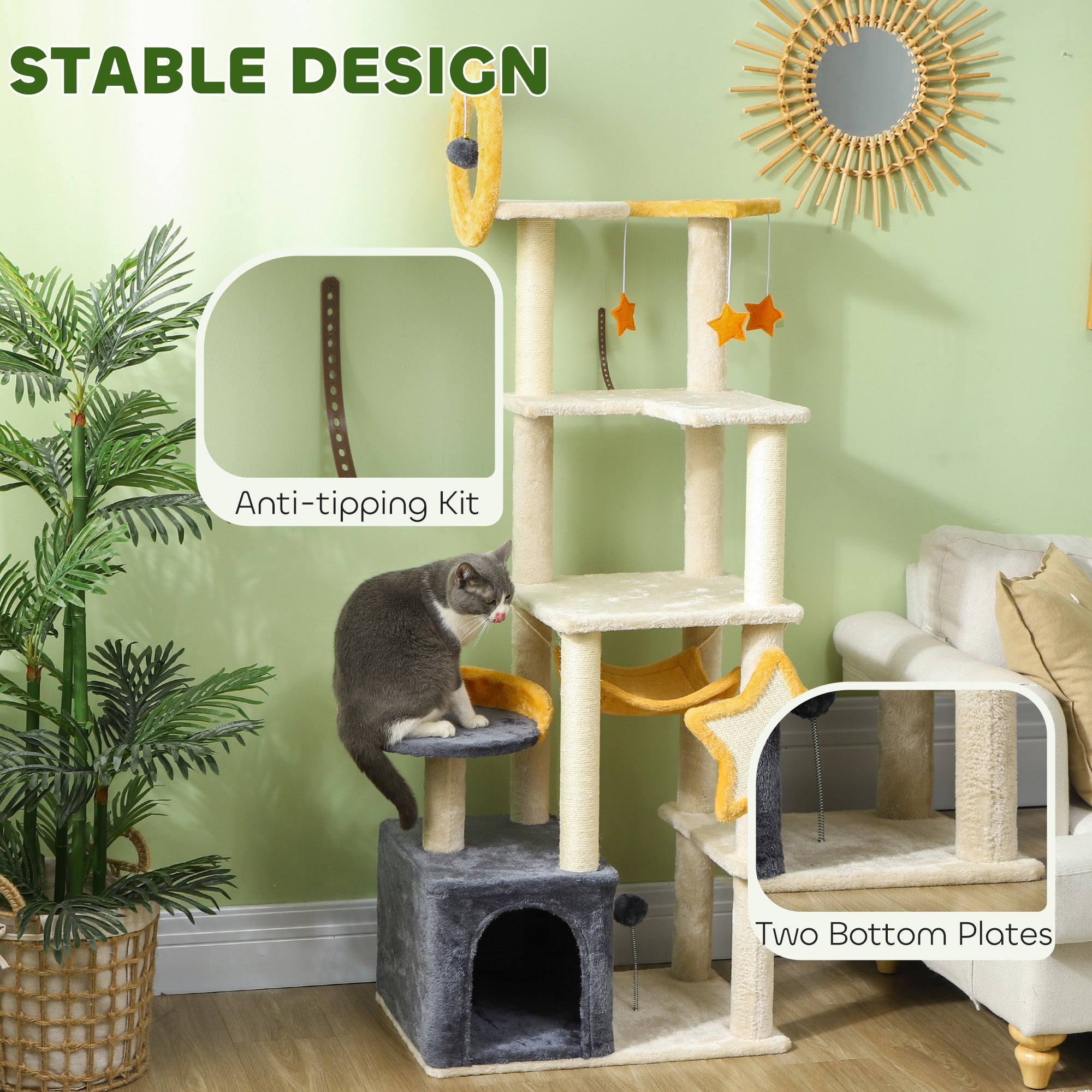 PawHut Cat Tower, 63 Inch Cat Tree for Large Cats Adult with Cat Scratching Posts, Cat Condo, Bed, Scratching Board, Cat Toys, Star and Moon Themed Cat Tree for Indoor Cats, Beige
