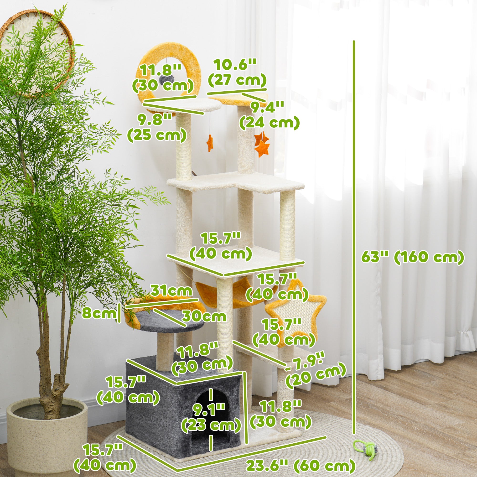 PawHut Cat Tower, 63 Inch Cat Tree for Large Cats Adult with Cat Scratching Posts, Cat Condo, Bed, Scratching Board, Cat Toys, Star and Moon Themed Cat Tree for Indoor Cats, Beige