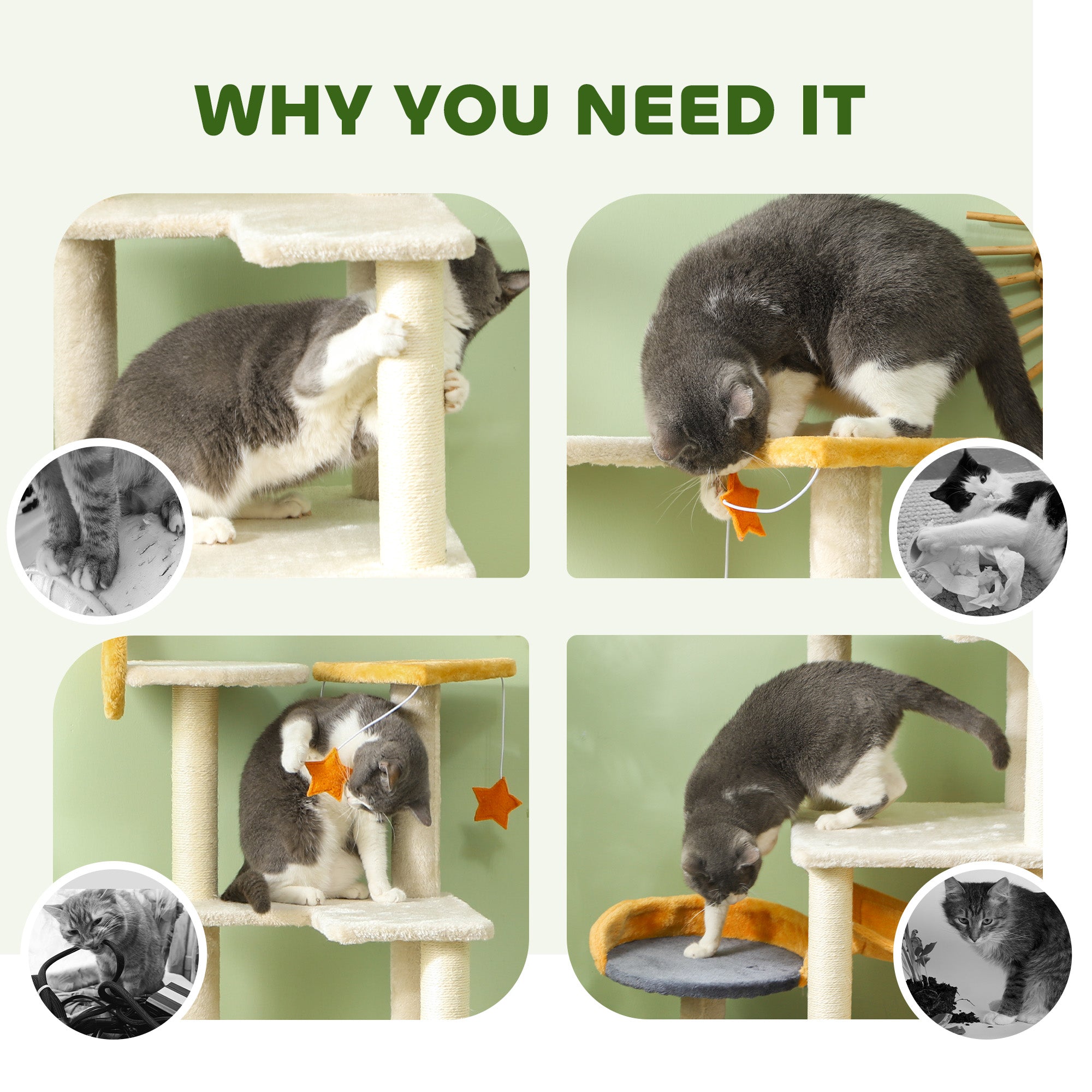 PawHut Cat Tower, 63 Inch Cat Tree for Large Cats Adult with Cat Scratching Posts, Cat Condo, Bed, Scratching Board, Cat Toys, Star and Moon Themed Cat Tree for Indoor Cats, Beige