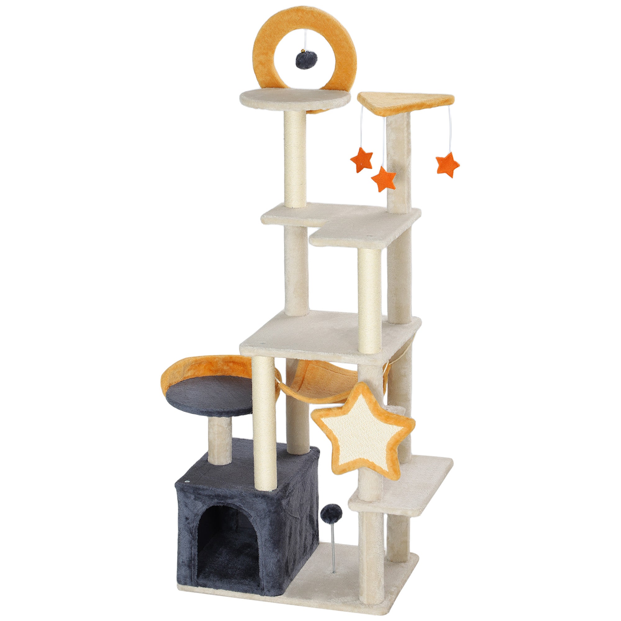PawHut Cat Tower, 63 Inch Cat Tree for Large Cats Adult with Cat Scratching Posts, Cat Condo, Bed, Scratching Board, Cat Toys, Star and Moon Themed Cat Tree for Indoor Cats, Beige