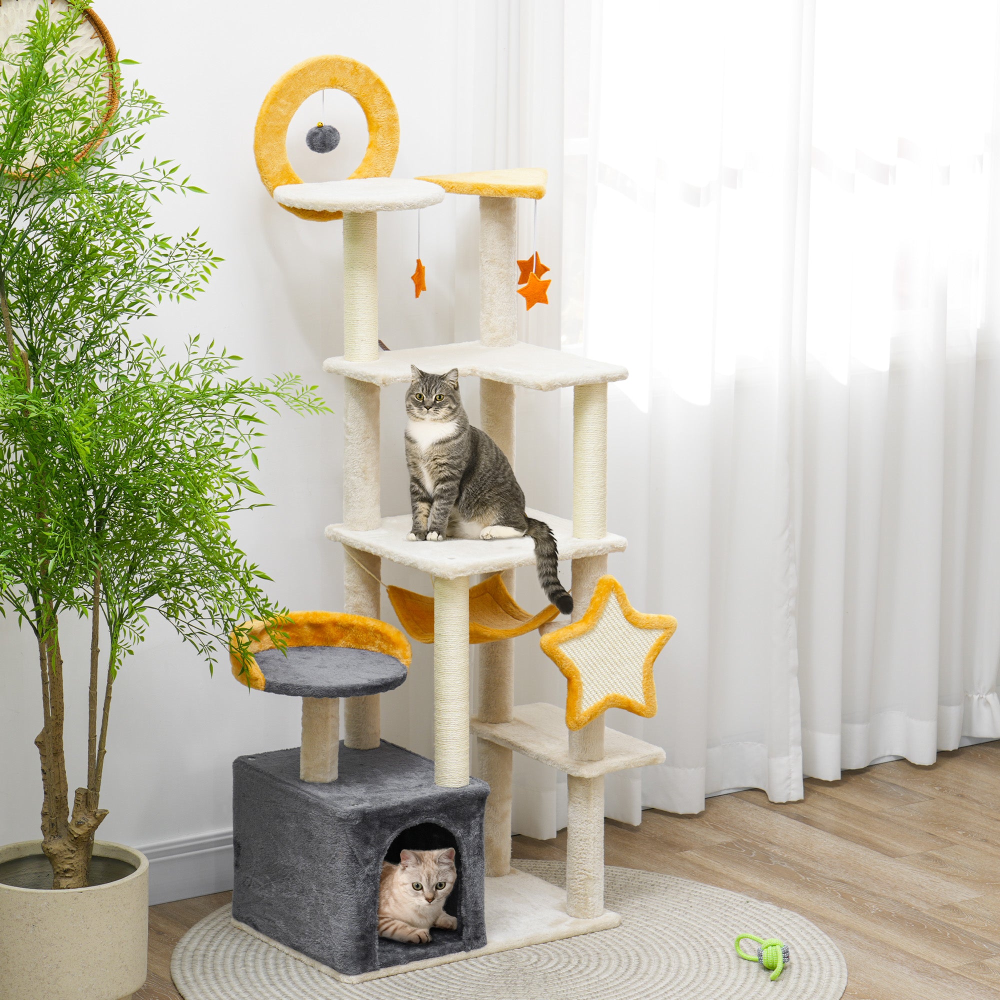 PawHut Cat Tower, 63 Inch Cat Tree for Large Cats Adult with Cat Scratching Posts, Cat Condo, Bed, Scratching Board, Cat Toys, Star and Moon Themed Cat Tree for Indoor Cats, Beige