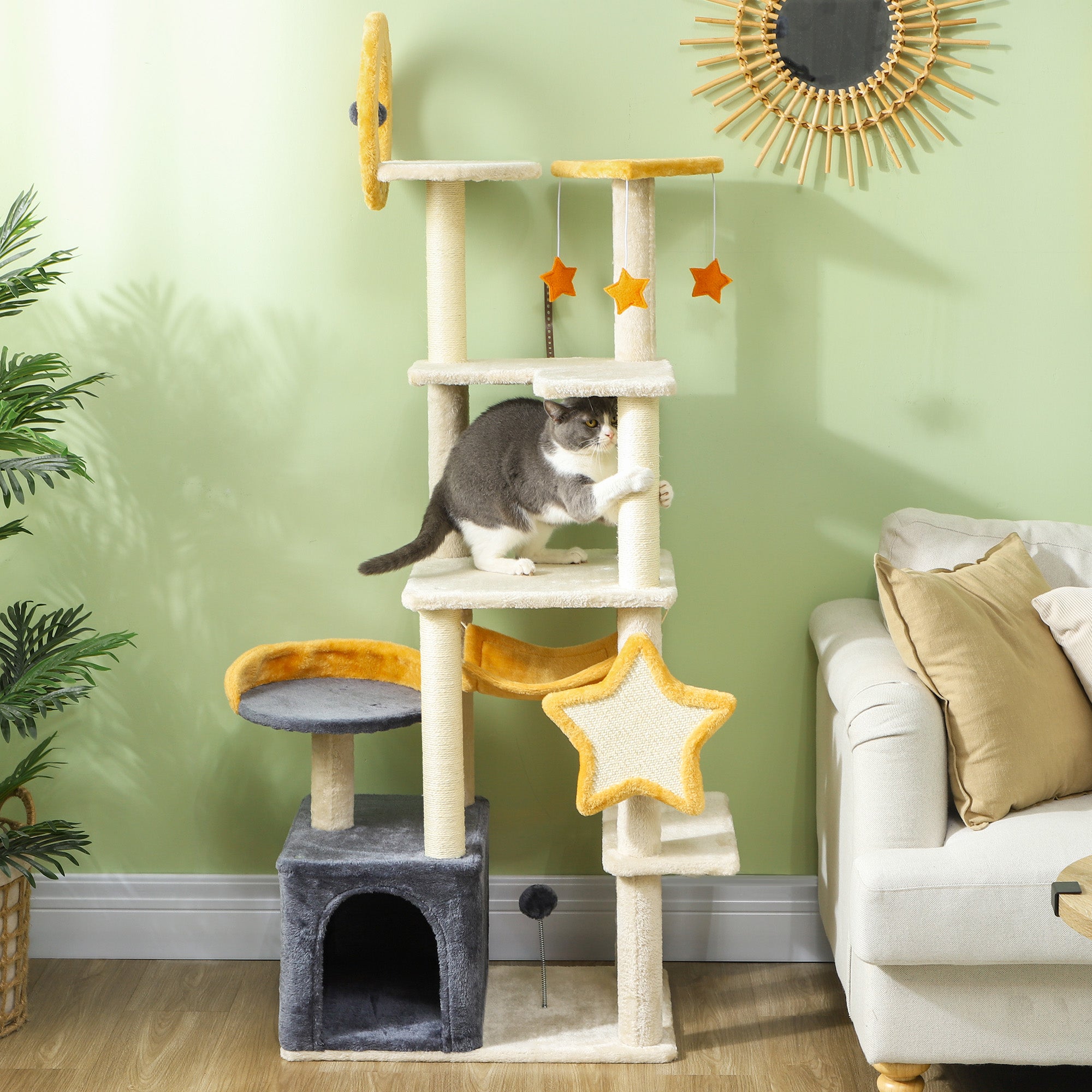 PawHut Cat Tower, 63 Inch Cat Tree for Large Cats Adult with Cat Scratching Posts, Cat Condo, Bed, Scratching Board, Cat Toys, Star and Moon Themed Cat Tree for Indoor Cats, Beige
