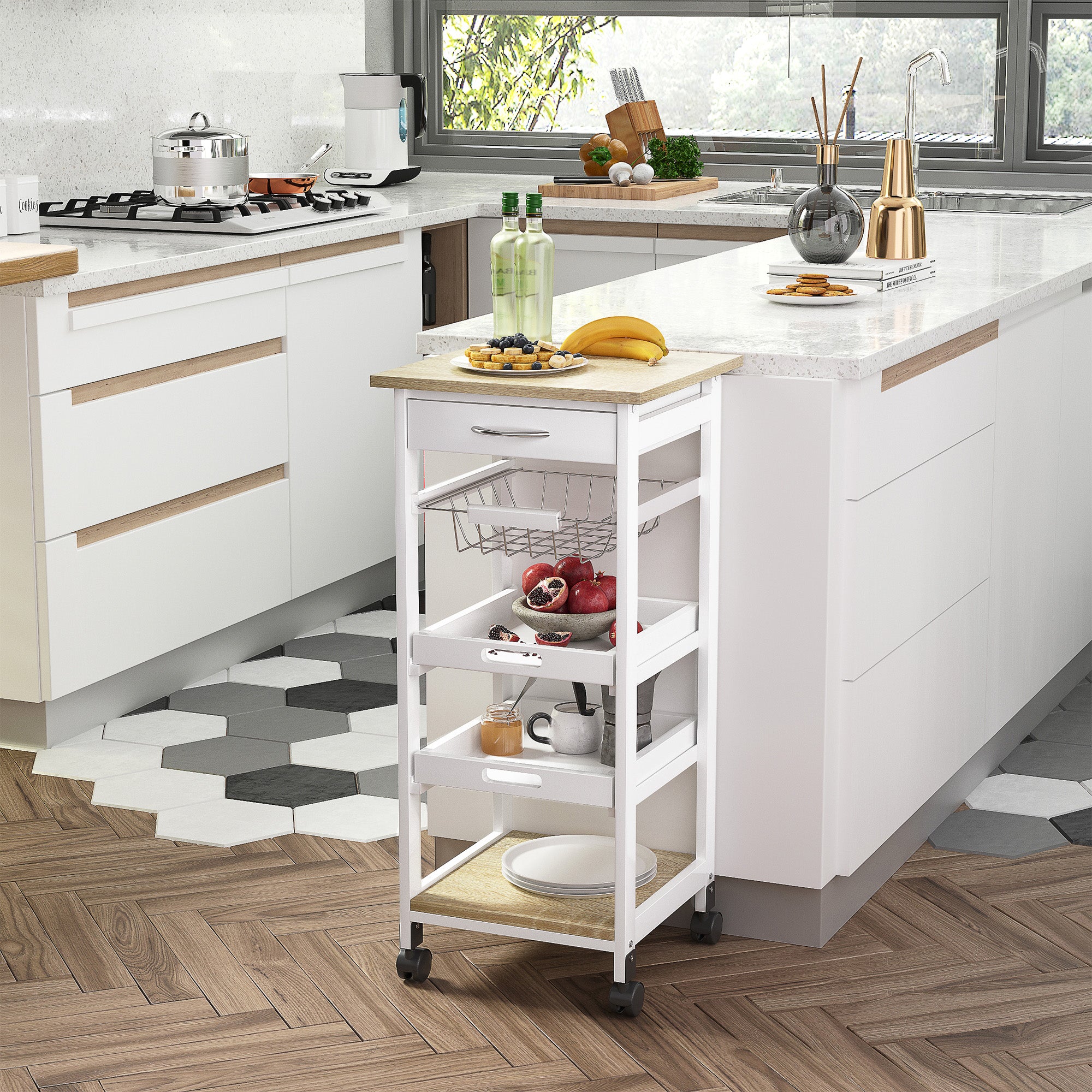 HOMCOM Bar Cart, 5-Tier Kitchen Cart with Removable Serving Tray, Rolling Coffee Cart on Wheels with Drawer and Wire Basket for Dining Room, Living Room (White)
