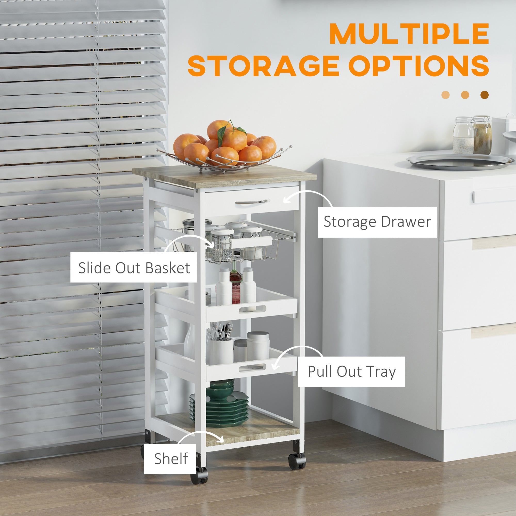 HOMCOM Bar Cart, 5-Tier Kitchen Cart with Removable Serving Tray, Rolling Coffee Cart on Wheels with Drawer and Wire Basket for Dining Room, Living Room (White)