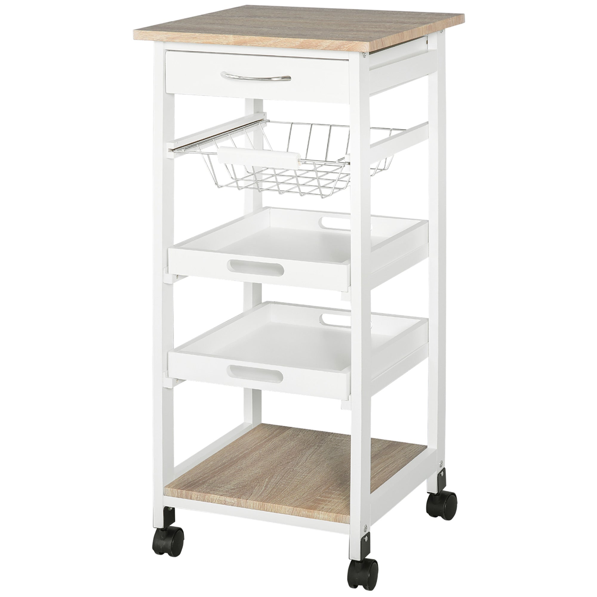 HOMCOM Bar Cart, 5-Tier Kitchen Cart with Removable Serving Tray, Rolling Coffee Cart on Wheels with Drawer and Wire Basket for Dining Room, Living Room (White)
