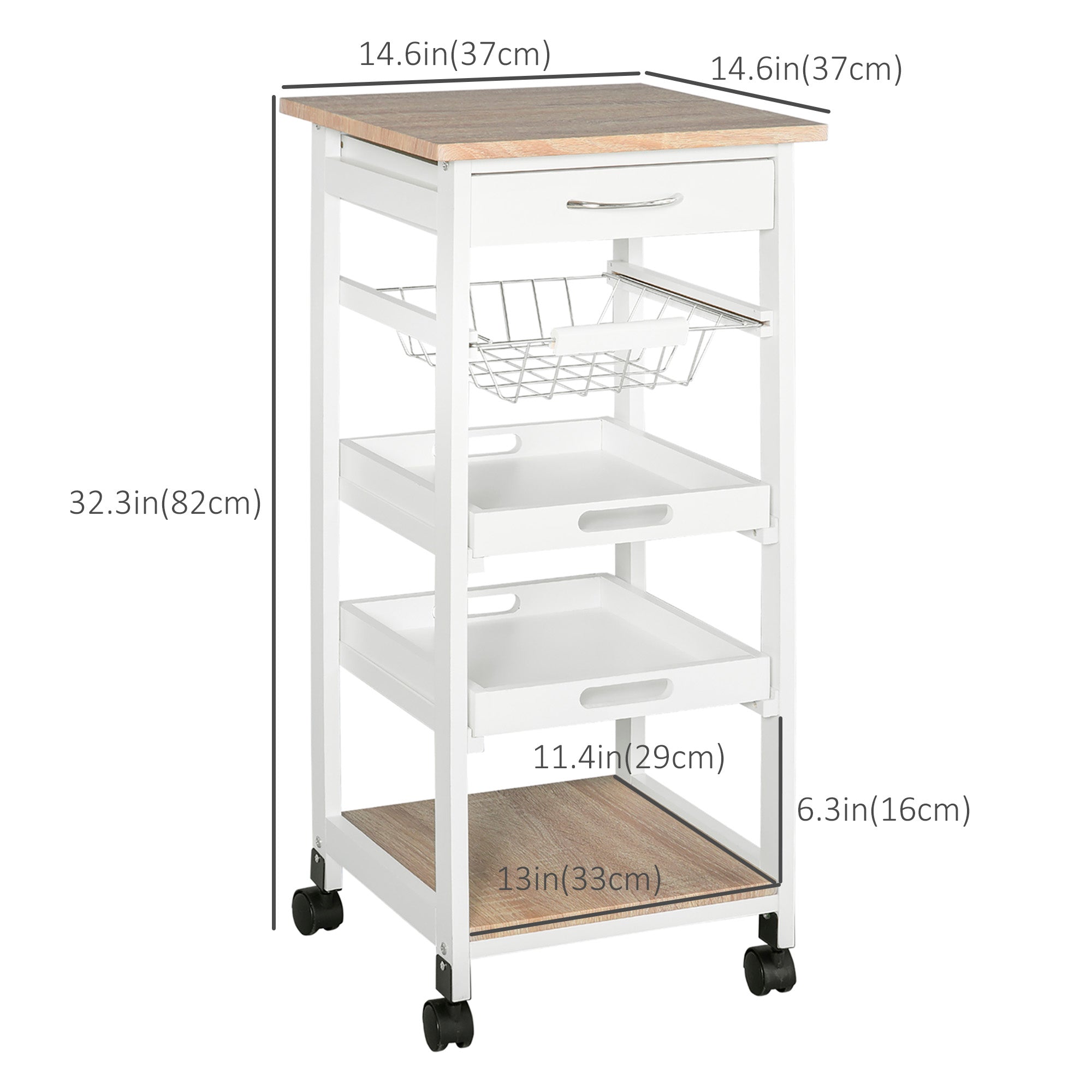 HOMCOM Bar Cart, 5-Tier Kitchen Cart with Removable Serving Tray, Rolling Coffee Cart on Wheels with Drawer and Wire Basket for Dining Room, Living Room (White)