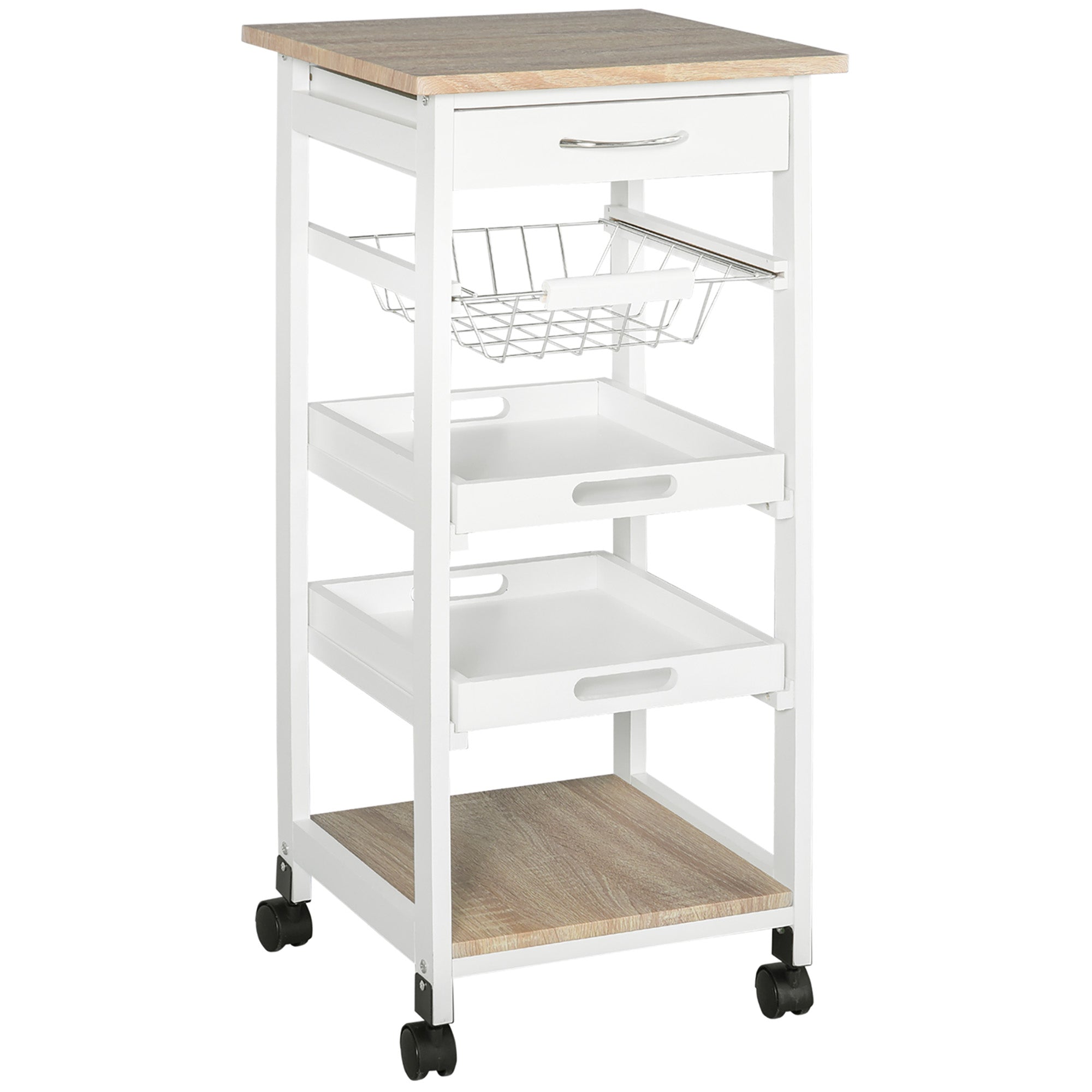 HOMCOM Bar Cart, 5-Tier Kitchen Cart with Removable Serving Tray, Rolling Coffee Cart on Wheels with Drawer and Wire Basket for Dining Room, Living Room (White)