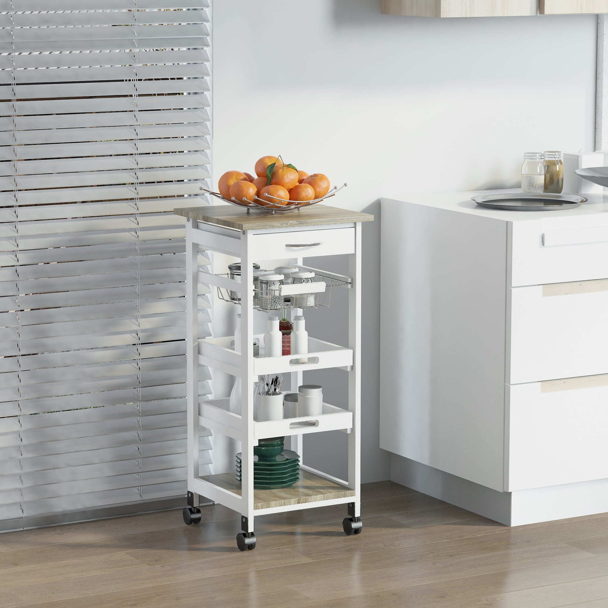 HOMCOM Bar Cart, 5-Tier Kitchen Cart with Removable Serving Tray, Rolling Coffee Cart on Wheels with Drawer and Wire Basket for Dining Room, Living Room (White)
