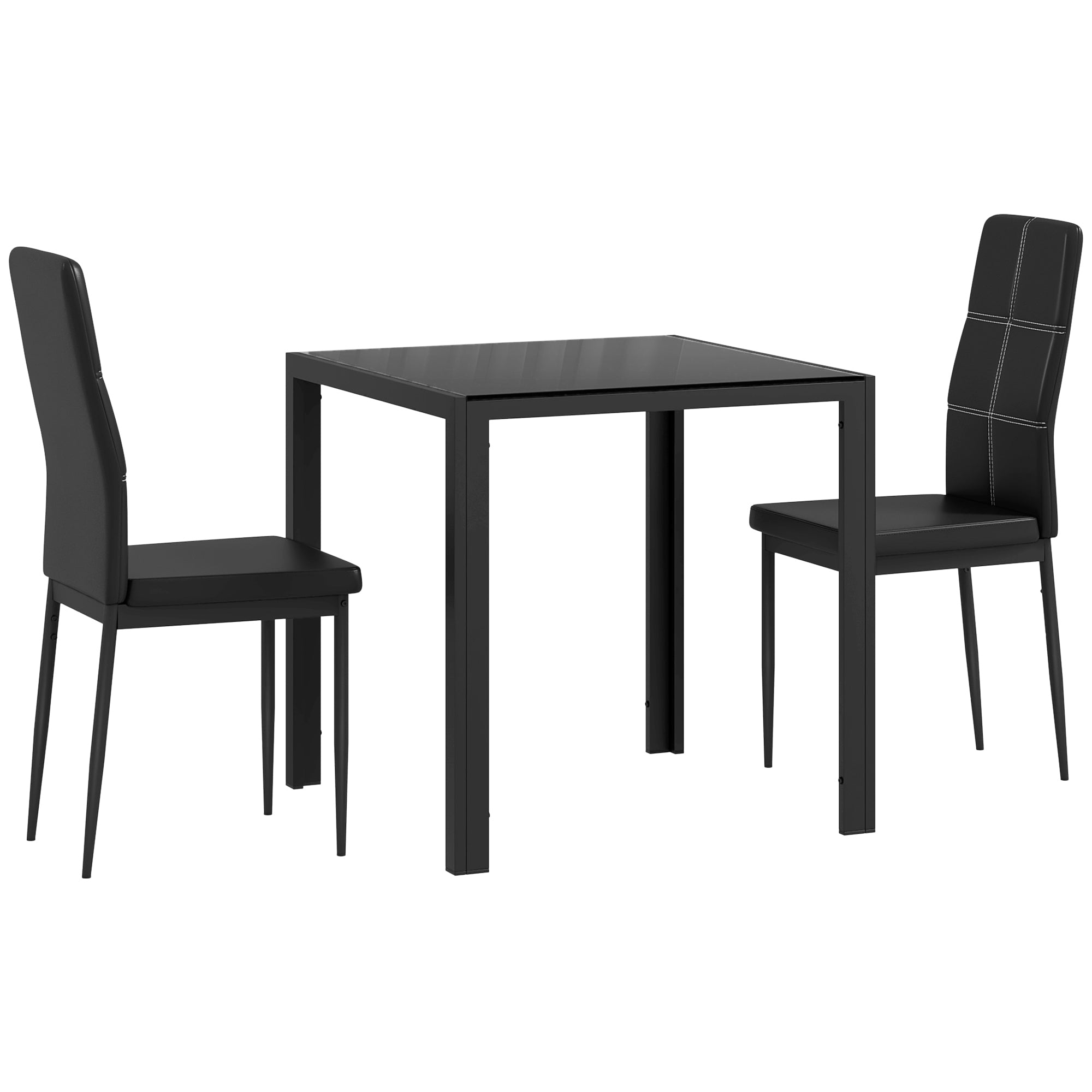 HOMCOM Dining Table Set for 2, 3-Piece Rectangular Glass Kitchen Table and Chairs with Metal Frame and Faux Leather Upholstery for Dining Room, Living Room, Black