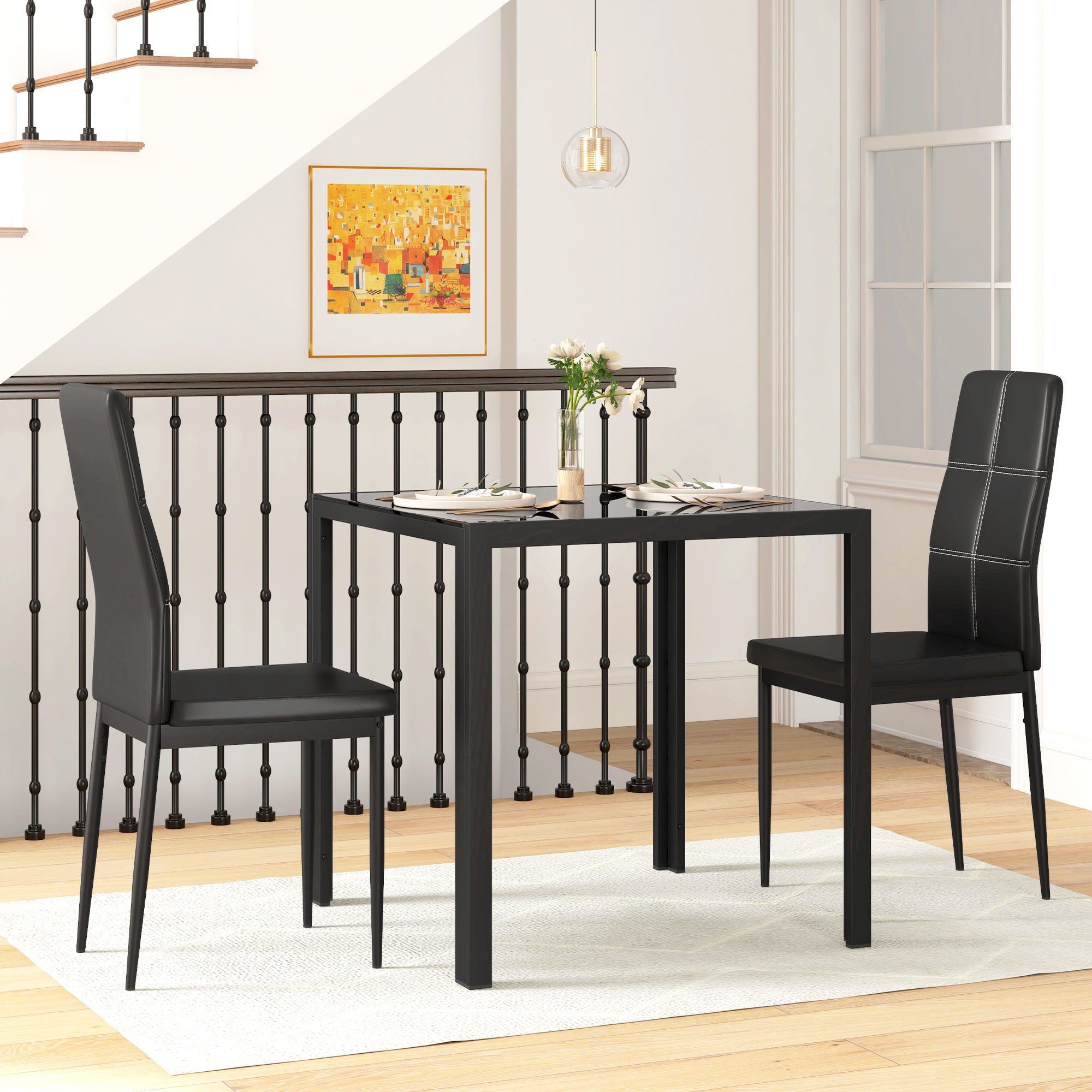 HOMCOM Dining Table Set for 2, 3-Piece Rectangular Glass Kitchen Table and Chairs with Metal Frame and Faux Leather Upholstery for Dining Room, Living Room, Black