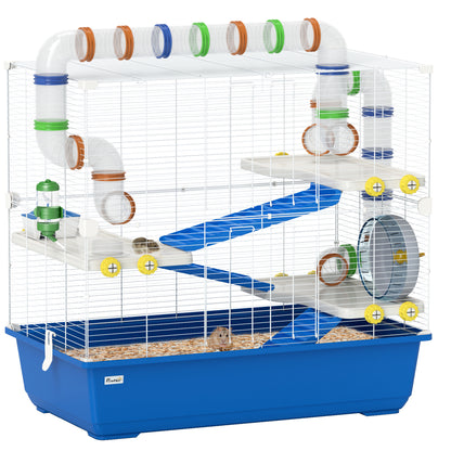 PawHut Hamster Cage, 4 Tier Small Animal Cage with Tunnel Tube System, Hut, Exercise Wheel, Water Bottle, Food Dish, Rat Cage for Syrian, Gerbil, Mouse, 30.7" x 17.7" x 28.7", Blue