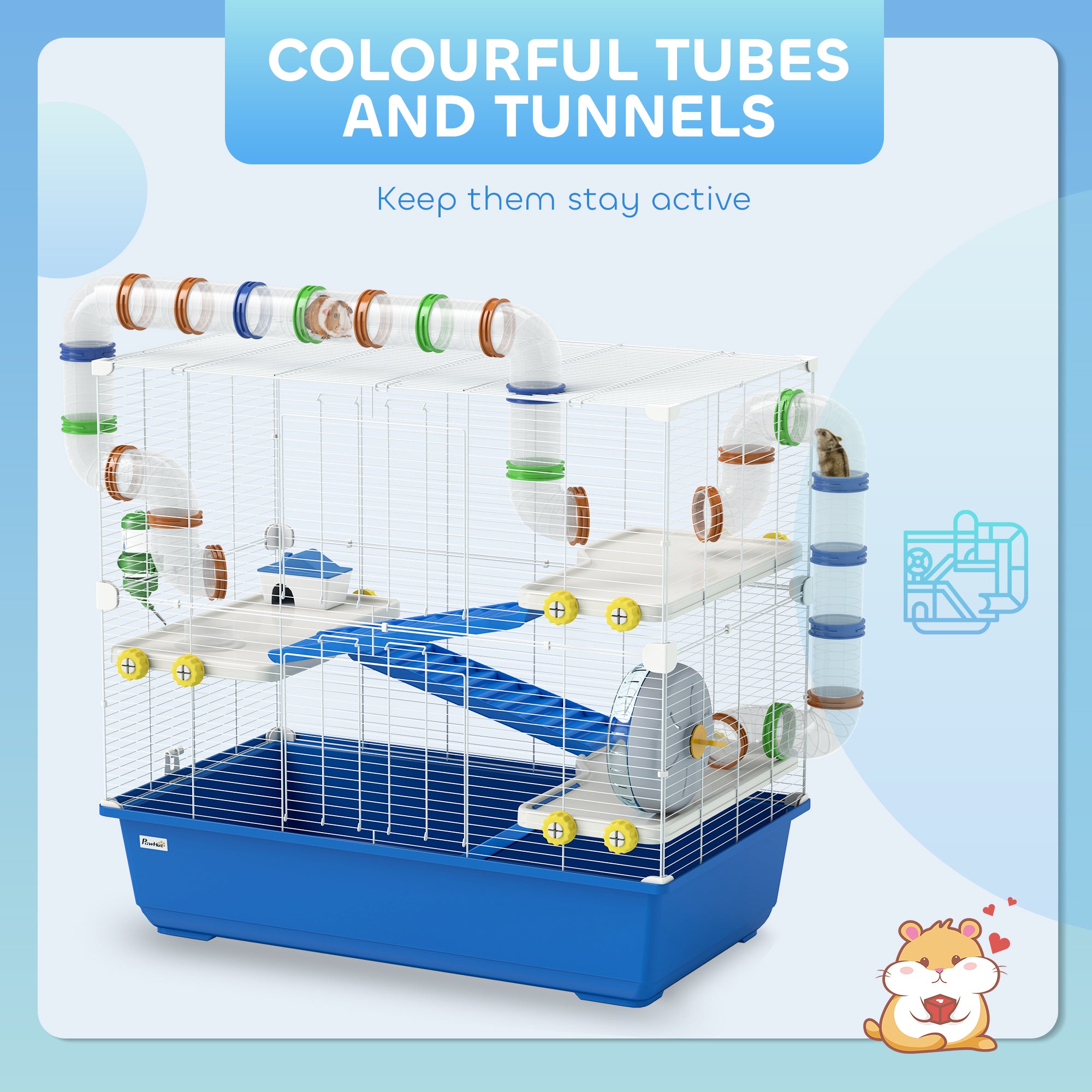 PawHut Hamster Cage, 4 Tier Small Animal Cage with Tunnel Tube System, Hut, Exercise Wheel, Water Bottle, Food Dish, Rat Cage for Syrian, Gerbil, Mouse, 30.7" x 17.7" x 28.7", Blue