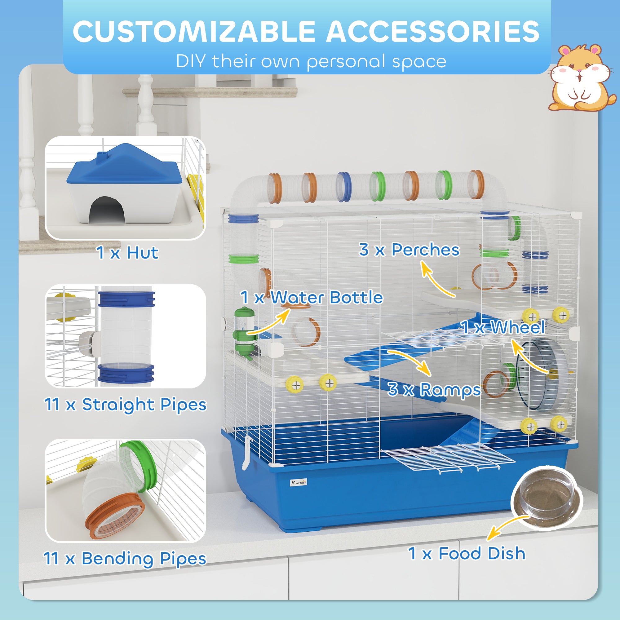 PawHut Hamster Cage, 4 Tier Small Animal Cage with Tunnel Tube System, Hut, Exercise Wheel, Water Bottle, Food Dish, Rat Cage for Syrian, Gerbil, Mouse, 30.7" x 17.7" x 28.7", Blue