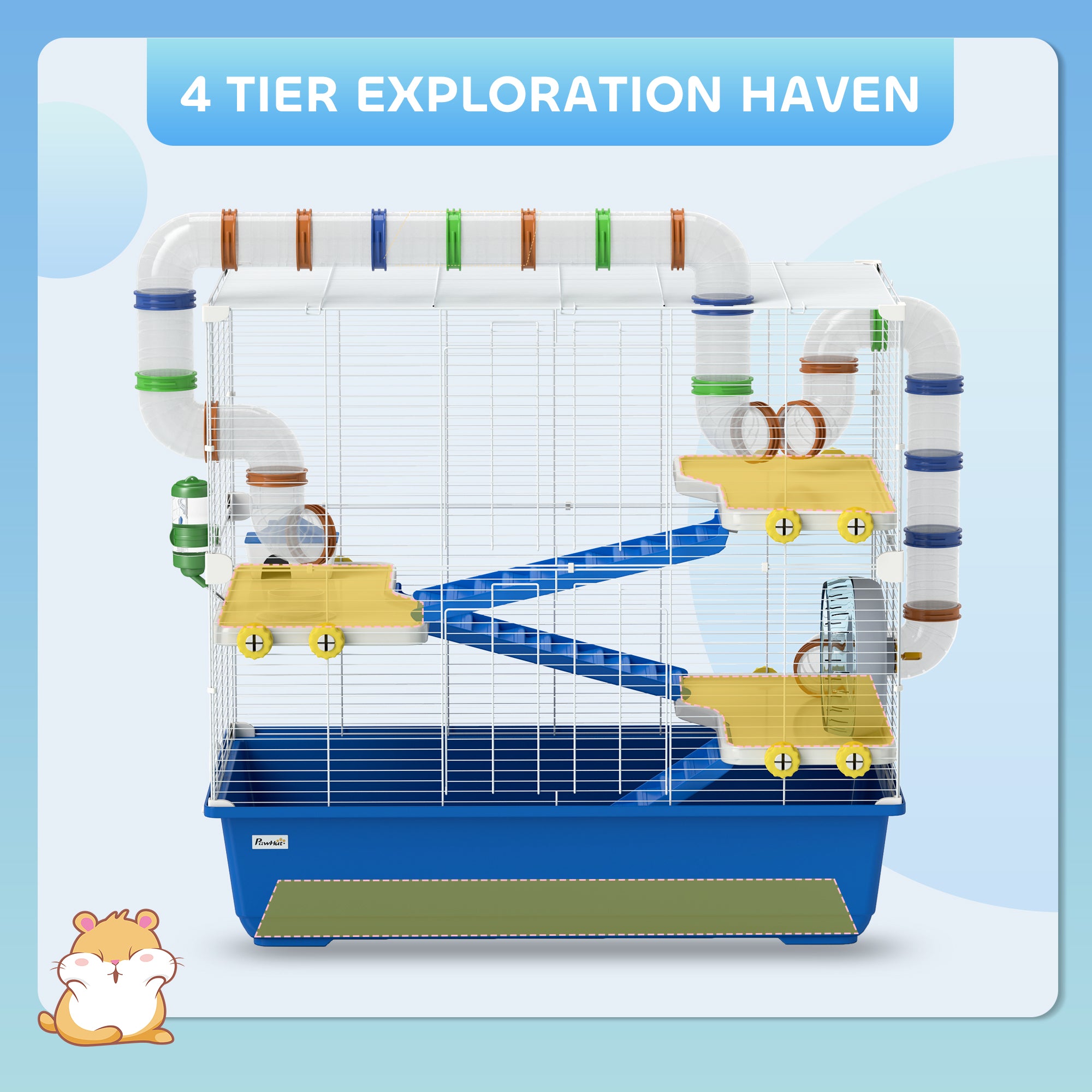 PawHut Hamster Cage, 4 Tier Small Animal Cage with Tunnel Tube System, Hut, Exercise Wheel, Water Bottle, Food Dish, Rat Cage for Syrian, Gerbil, Mouse, 30.7" x 17.7" x 28.7", Blue