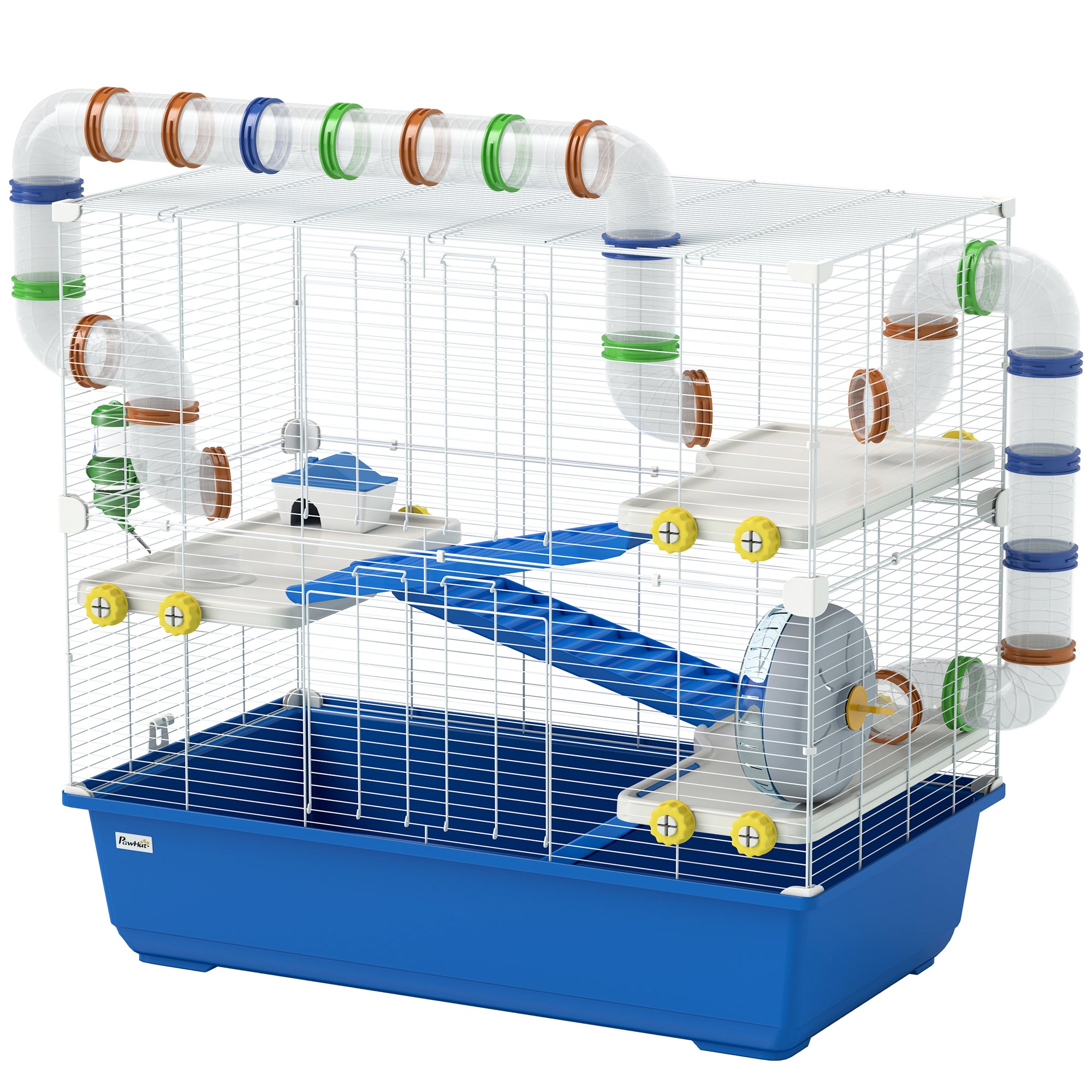 PawHut Hamster Cage, 4 Tier Small Animal Cage with Tunnel Tube System, Hut, Exercise Wheel, Water Bottle, Food Dish, Rat Cage for Syrian, Gerbil, Mouse, 30.7" x 17.7" x 28.7", Blue