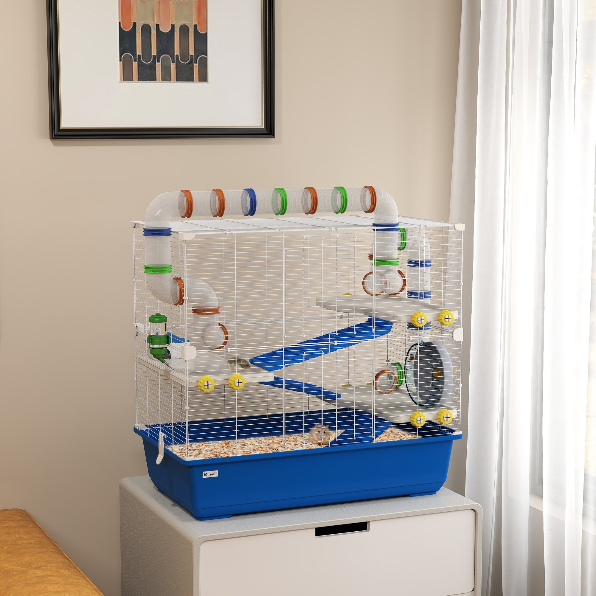 PawHut Hamster Cage, 4 Tier Small Animal Cage with Tunnel Tube System, Hut, Exercise Wheel, Water Bottle, Food Dish, Rat Cage for Syrian, Gerbil, Mouse, 30.7" x 17.7" x 28.7", Blue