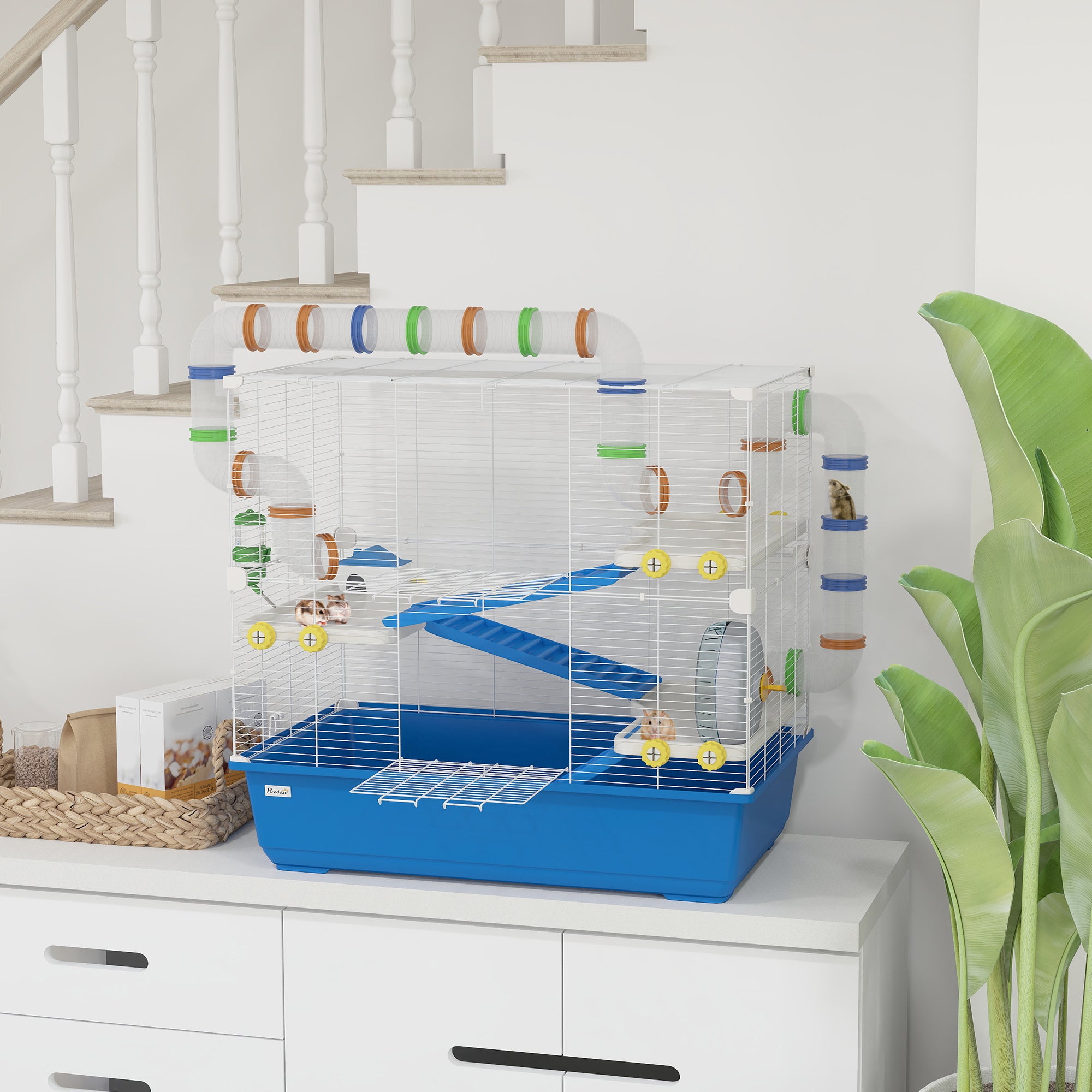 PawHut Hamster Cage, 4 Tier Small Animal Cage with Tunnel Tube System, Hut, Exercise Wheel, Water Bottle, Food Dish, Rat Cage for Syrian, Gerbil, Mouse, 30.7" x 17.7" x 28.7", Blue