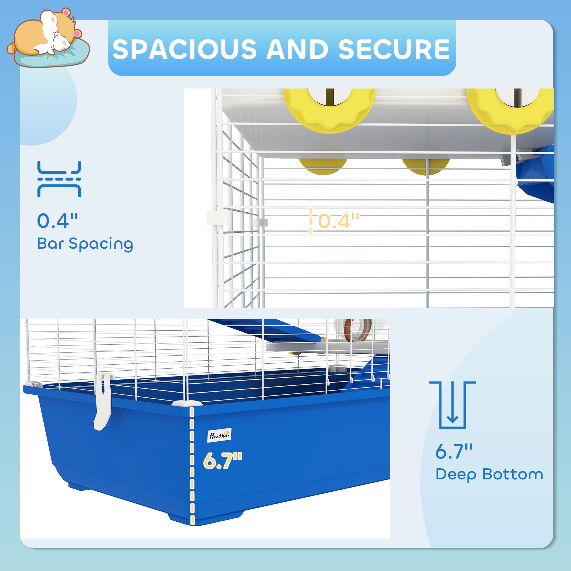 PawHut Hamster Cage, 4 Tier Small Animal Cage with Tunnel Tube System, Hut, Exercise Wheel, Water Bottle, Food Dish, Rat Cage for Syrian, Gerbil, Mouse, 30.7" x 17.7" x 28.7", Blue