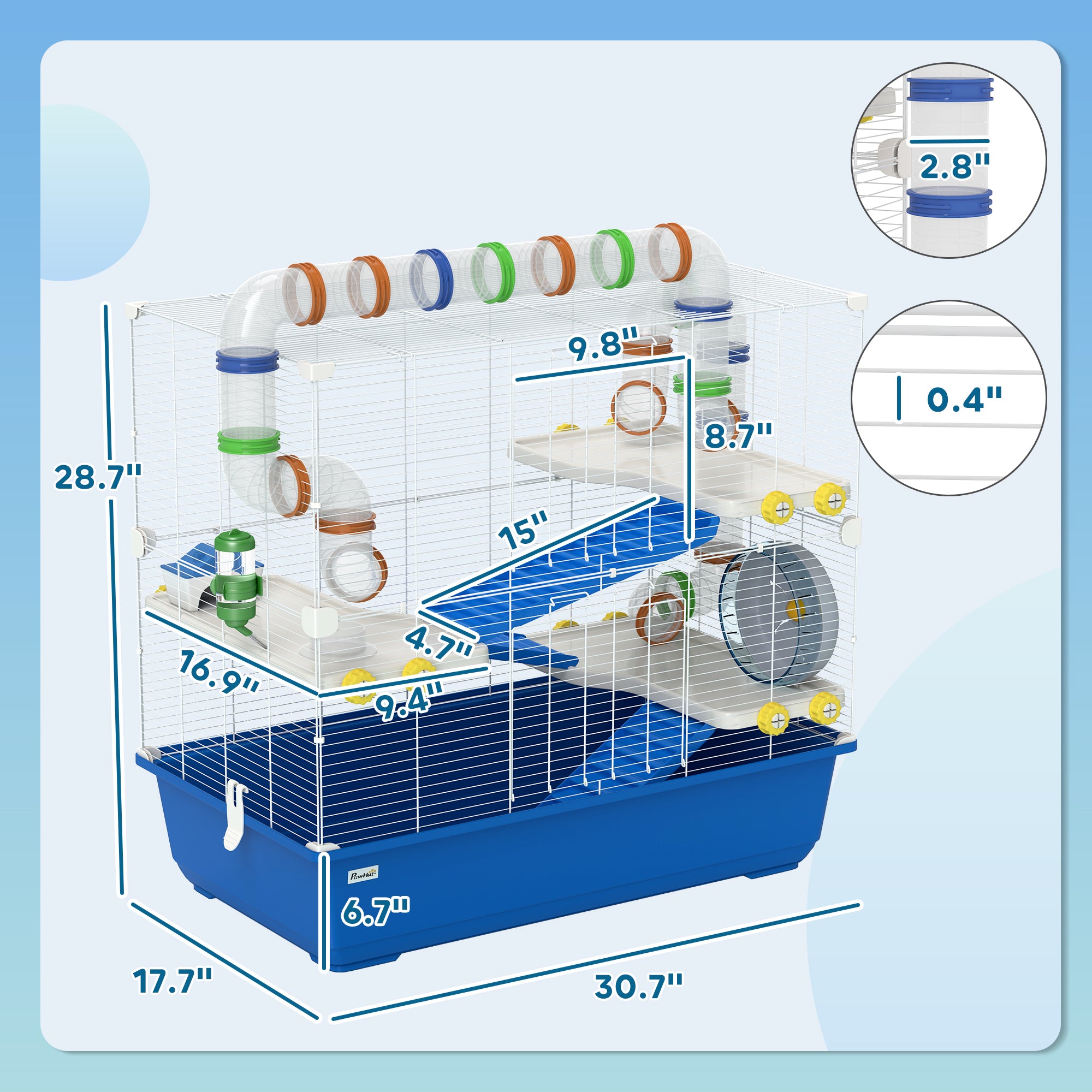 PawHut Hamster Cage, 4 Tier Small Animal Cage with Tunnel Tube System, Hut, Exercise Wheel, Water Bottle, Food Dish, Rat Cage for Syrian, Gerbil, Mouse, 30.7" x 17.7" x 28.7", Blue