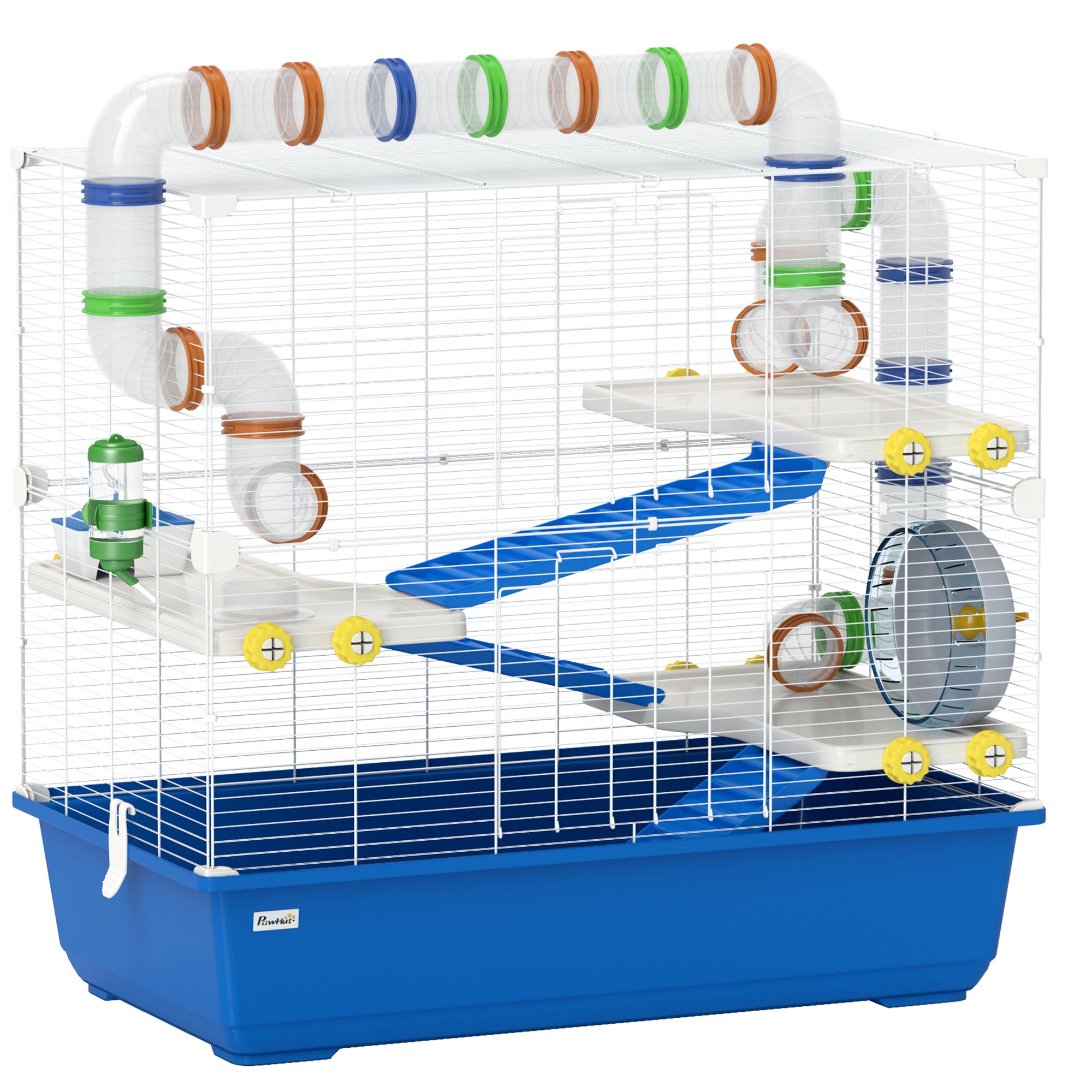 PawHut Hamster Cage, 4 Tier Small Animal Cage with Tunnel Tube System, Hut, Exercise Wheel, Water Bottle, Food Dish, Rat Cage for Syrian, Gerbil, Mouse, 30.7" x 17.7" x 28.7", Blue