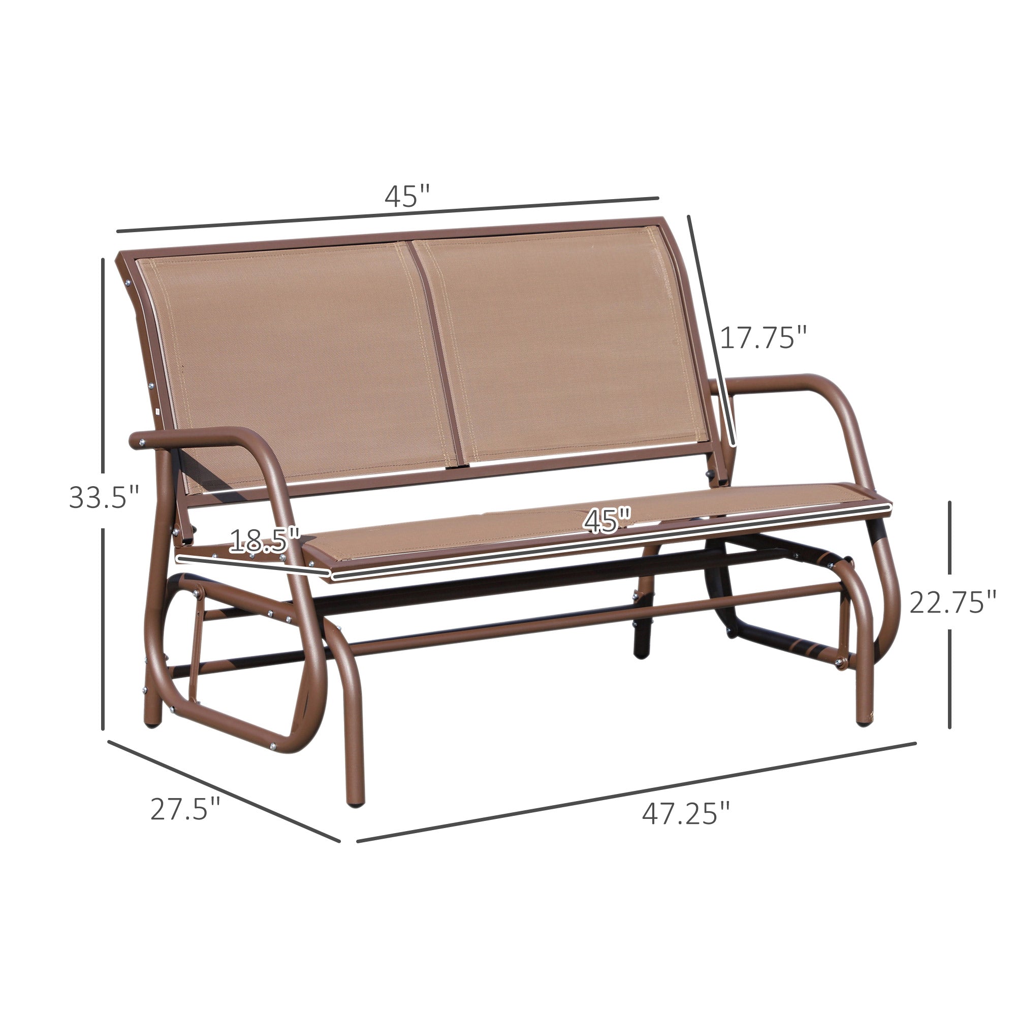 Outsunny Patio Double Glider Outdoor Steel Sling Fabric Gliding Bench Garden Swing Chair Heavy-Duty Porch Rocker Garden Loveseat Coffee Brown