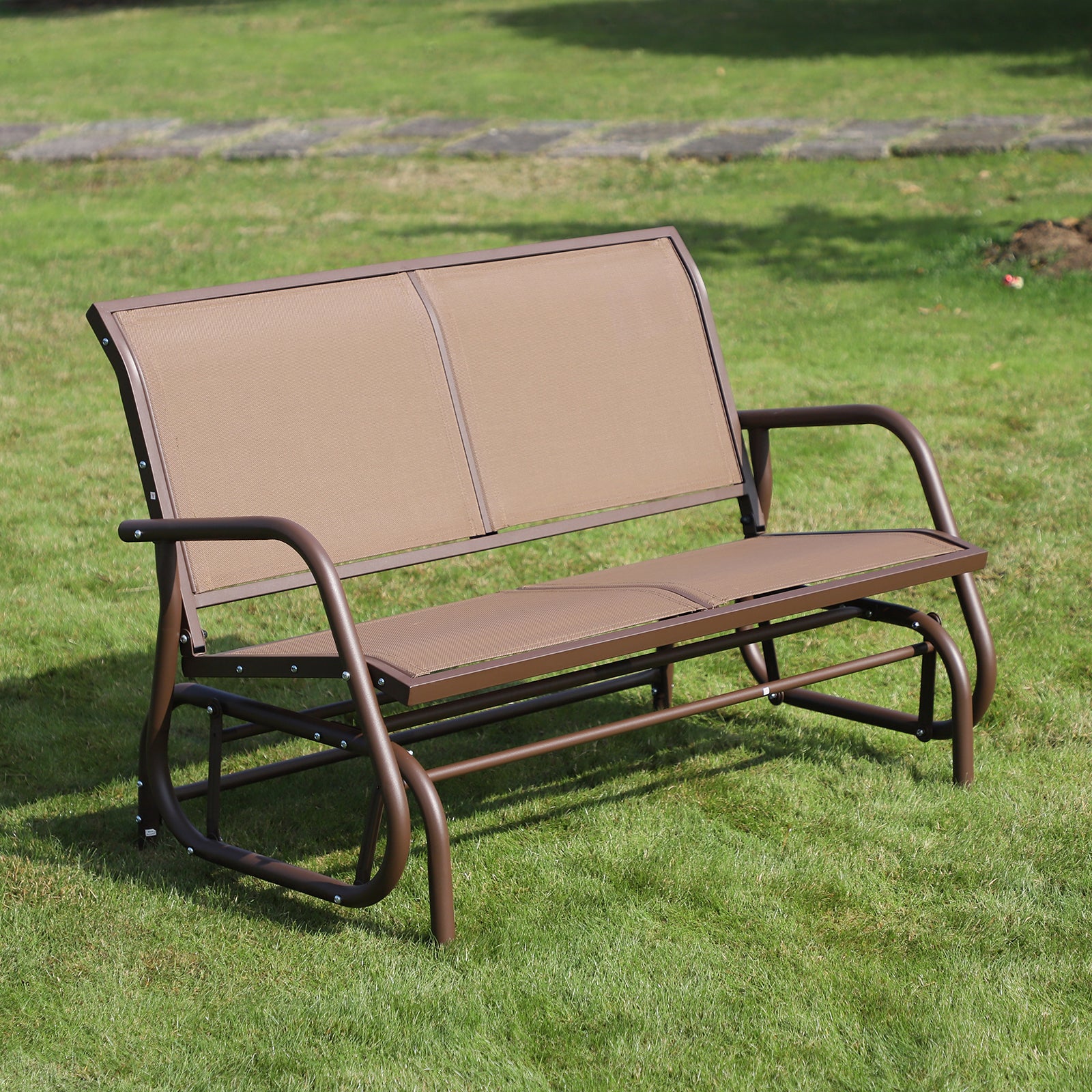 Outsunny Patio Double Glider Outdoor Steel Sling Fabric Gliding Bench Garden Swing Chair Heavy-Duty Porch Rocker Garden Loveseat Coffee Brown