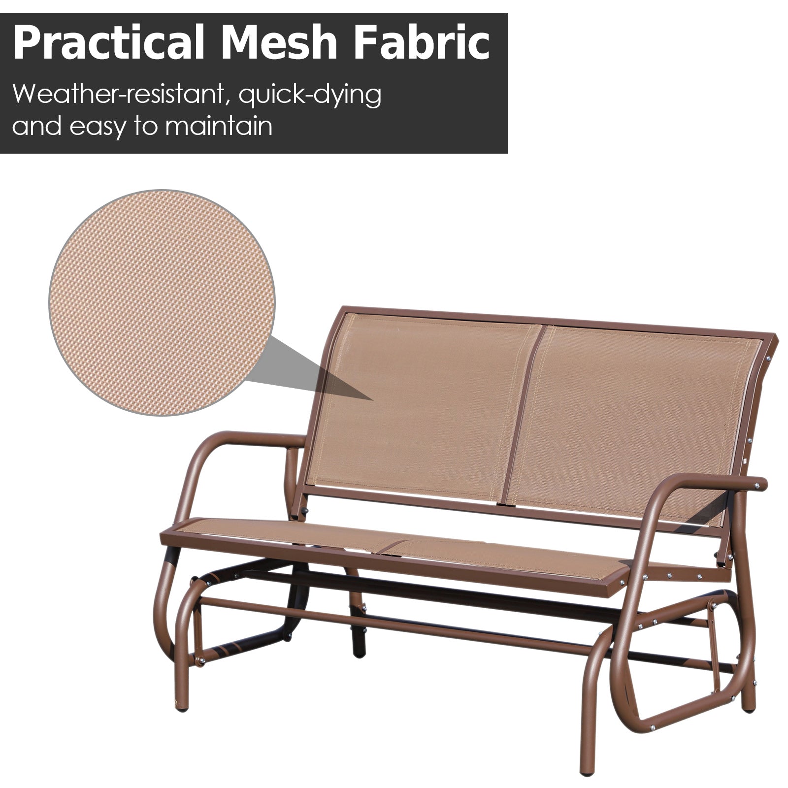 Outsunny Patio Double Glider Outdoor Steel Sling Fabric Gliding Bench Garden Swing Chair Heavy-Duty Porch Rocker Garden Loveseat Coffee Brown