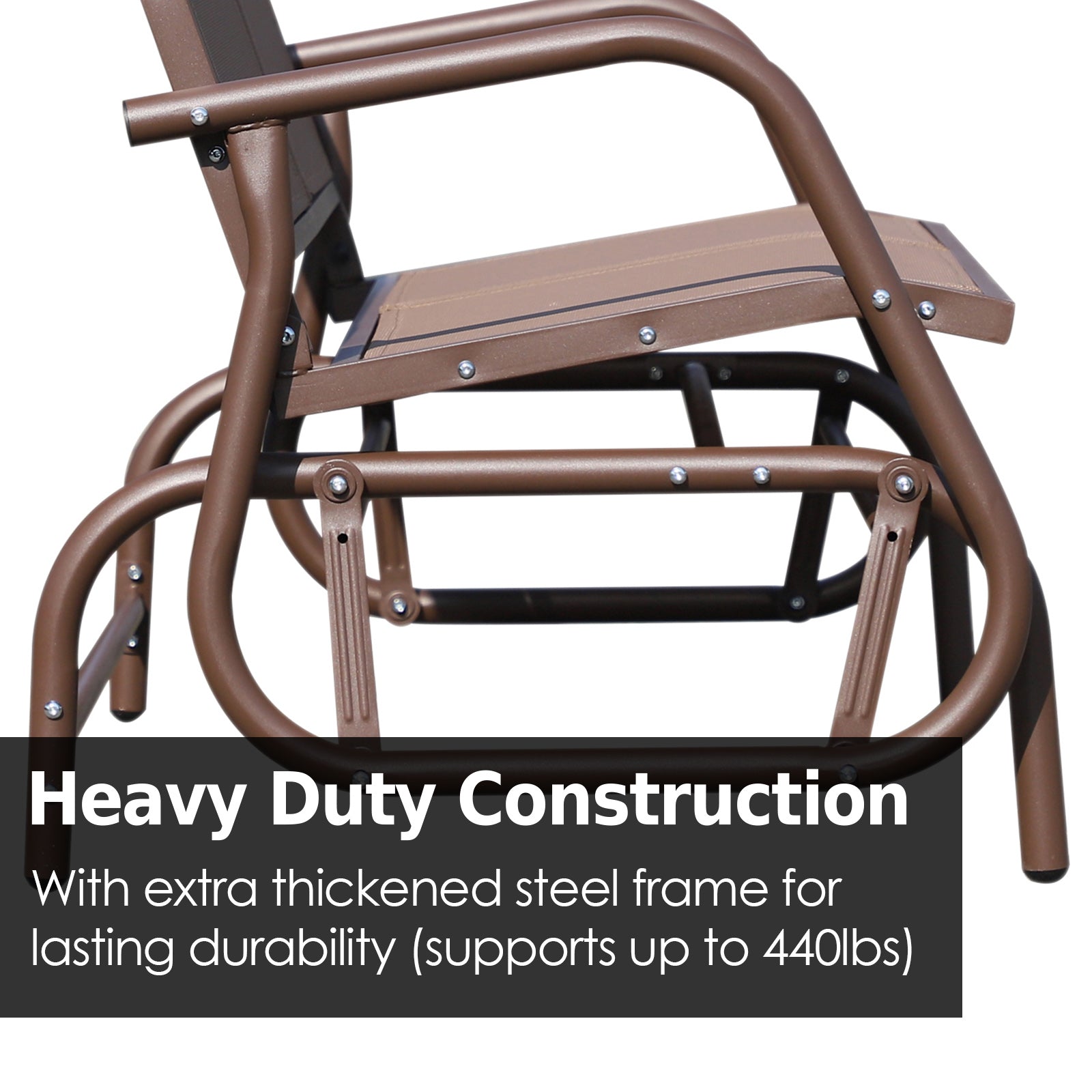 Outsunny Patio Double Glider Outdoor Steel Sling Fabric Gliding Bench Garden Swing Chair Heavy-Duty Porch Rocker Garden Loveseat Coffee Brown