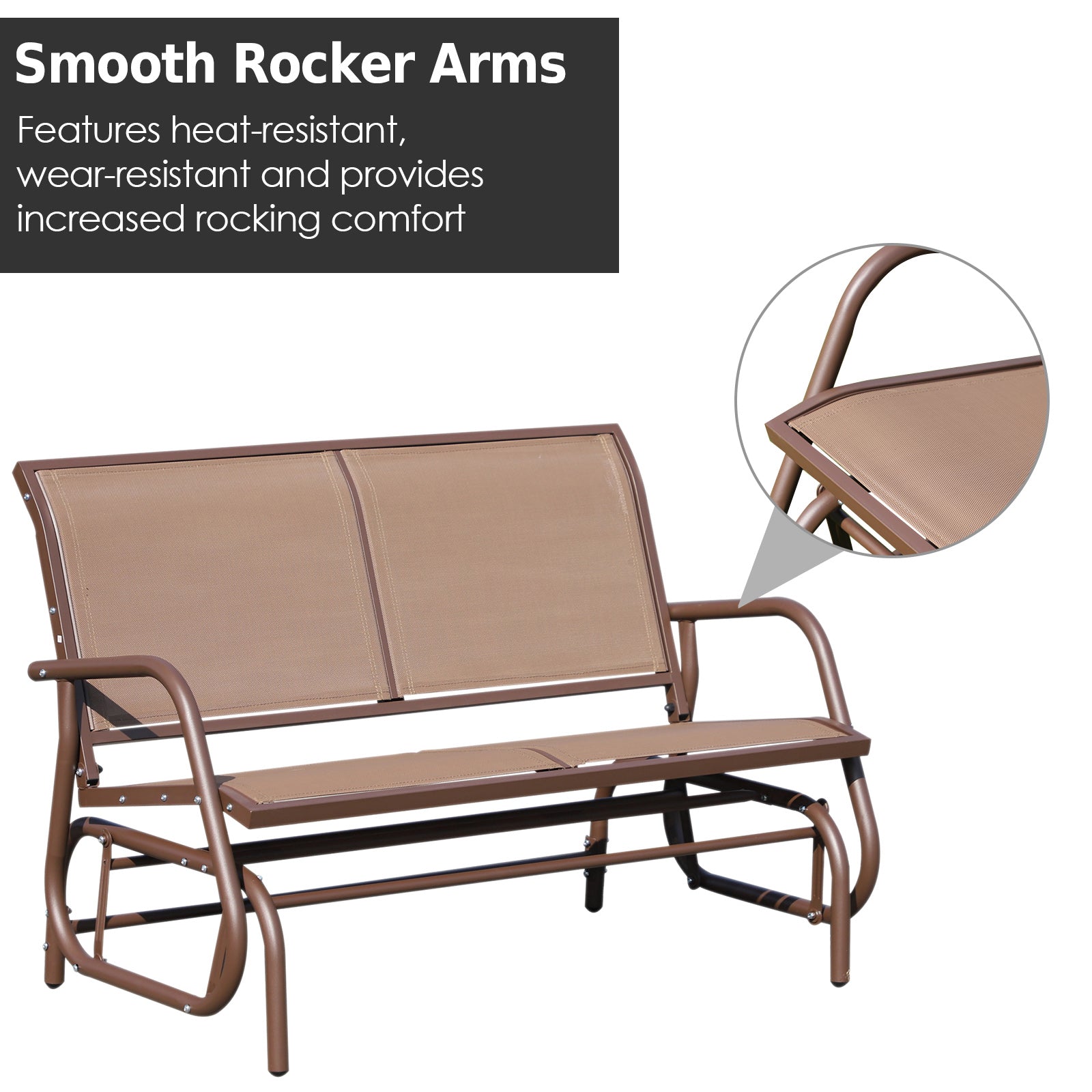 Outsunny Patio Double Glider Outdoor Steel Sling Fabric Gliding Bench Garden Swing Chair Heavy-Duty Porch Rocker Garden Loveseat Coffee Brown