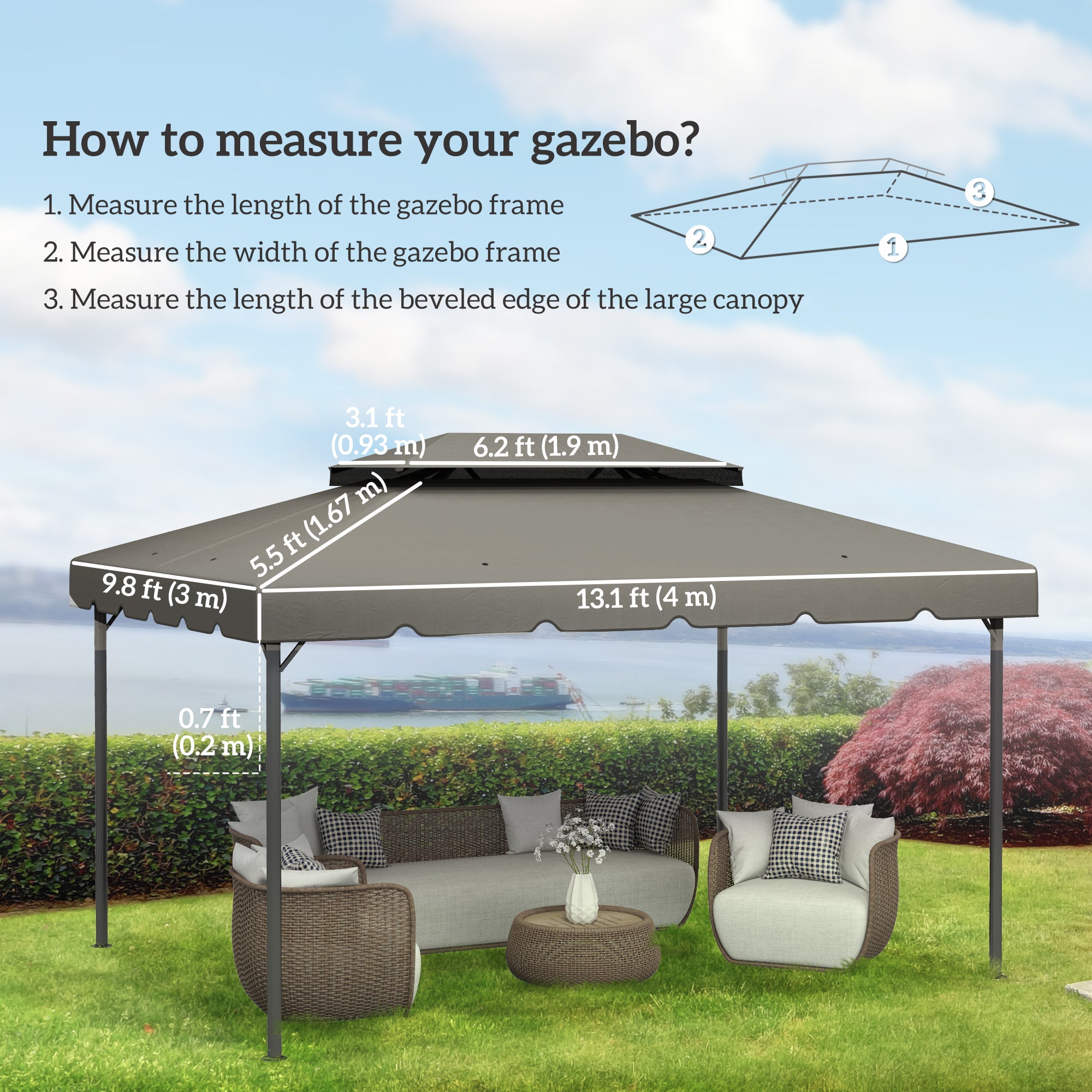 Outsunny 13.1' x 9.8' Gazebo Replacement Canopy, Gazebo Top Cover with Double Vented Roof for Garden Patio Outdoor TOP ONLY, Grey