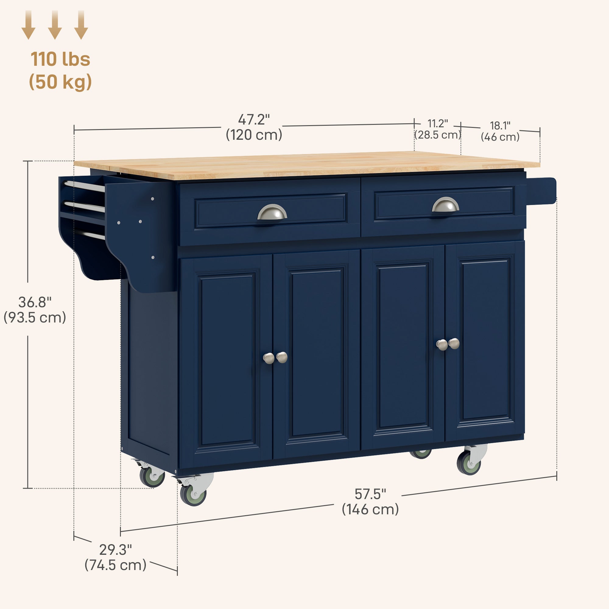 HOMCOM Kitchen Island with Storage, Rolling Kitchen Island with Drop Leaf, Solid Wood Top, 2 Drawers, 2 Cabinets, Adjustable Shelves and Knife Rack, Navy Blue