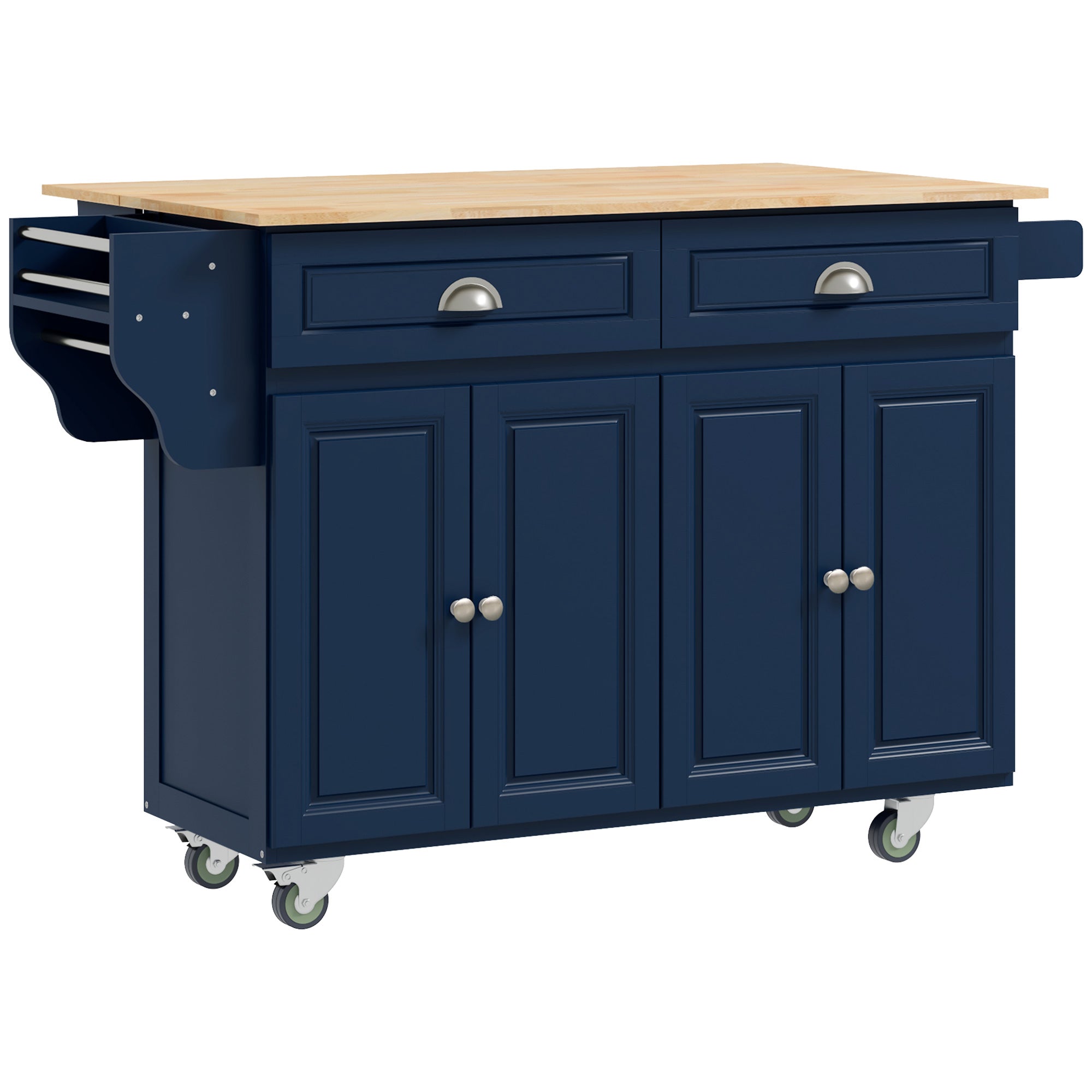 HOMCOM Kitchen Island with Storage, Rolling Kitchen Island with Drop Leaf, Solid Wood Top, 2 Drawers, 2 Cabinets, Adjustable Shelves and Knife Rack, Navy Blue