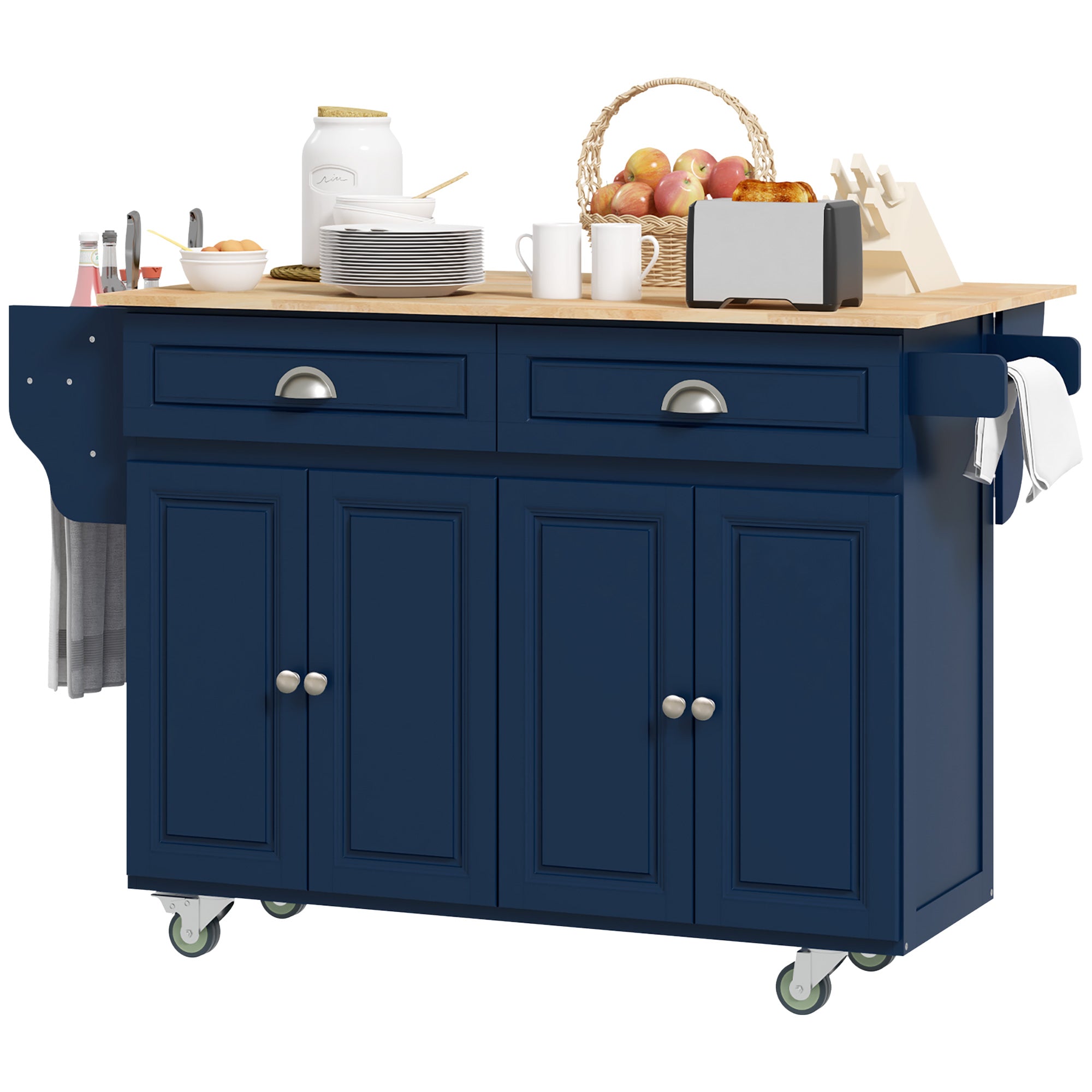 HOMCOM Kitchen Island with Storage, Rolling Kitchen Island with Drop Leaf, Solid Wood Top, 2 Drawers, 2 Cabinets, Adjustable Shelves and Knife Rack, Navy Blue