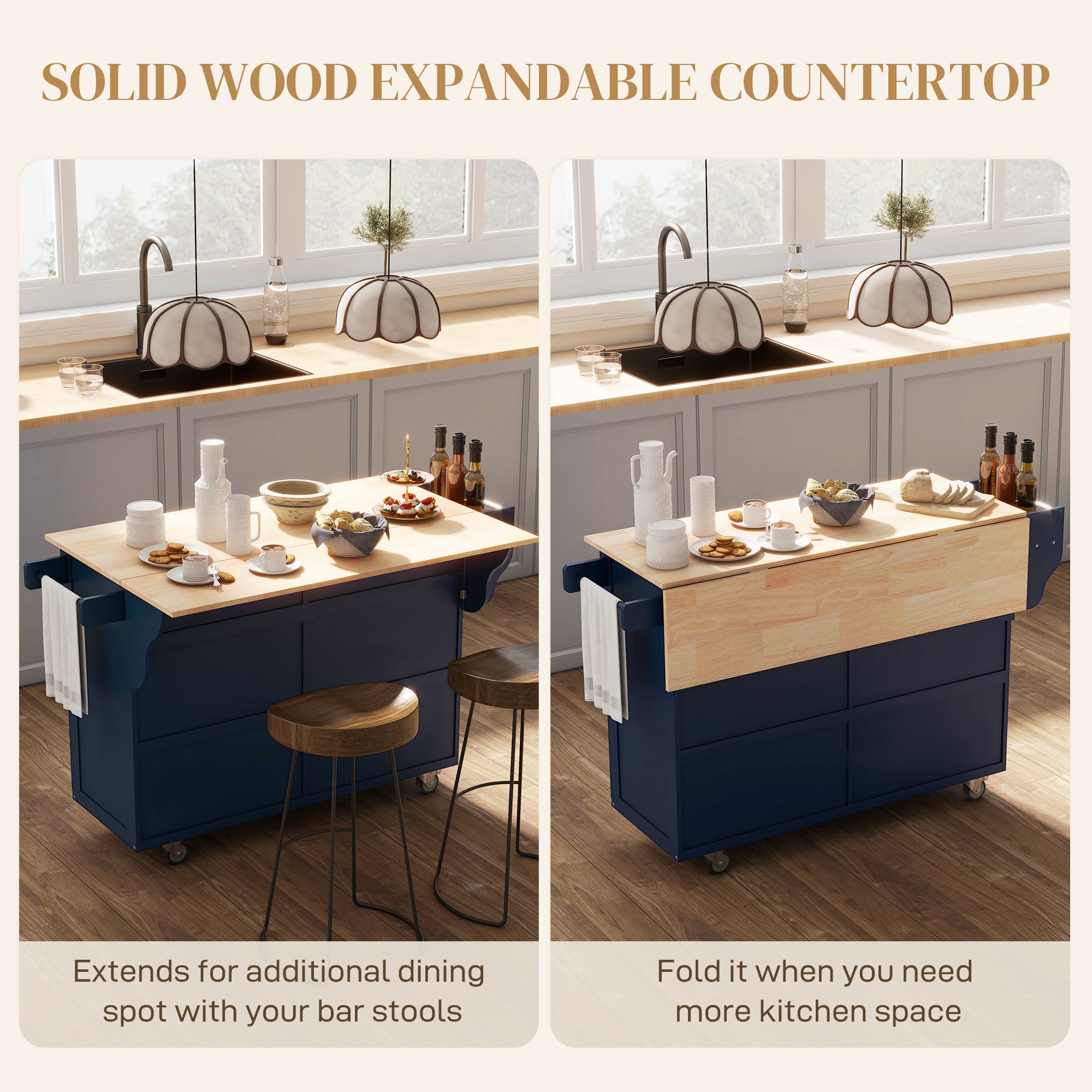 HOMCOM Kitchen Island with Storage, Rolling Kitchen Island with Drop Leaf, Solid Wood Top, 2 Drawers, 2 Cabinets, Adjustable Shelves and Knife Rack, Navy Blue