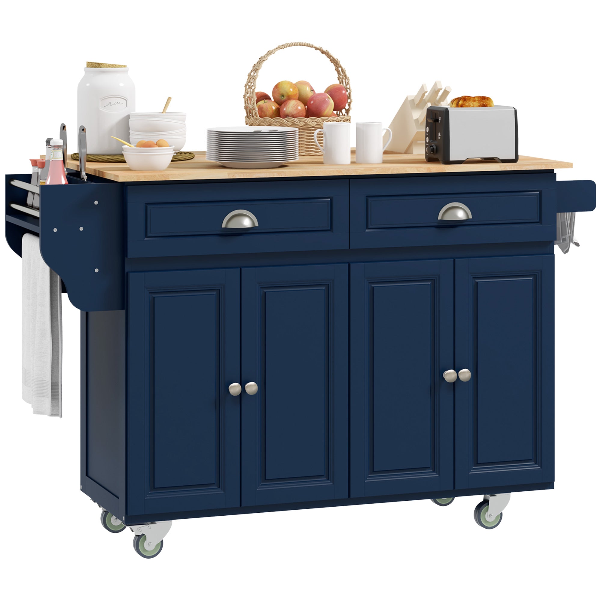 HOMCOM Kitchen Island with Storage, Rolling Kitchen Island with Drop Leaf, Solid Wood Top, 2 Drawers, 2 Cabinets, Adjustable Shelves and Knife Rack, Navy Blue