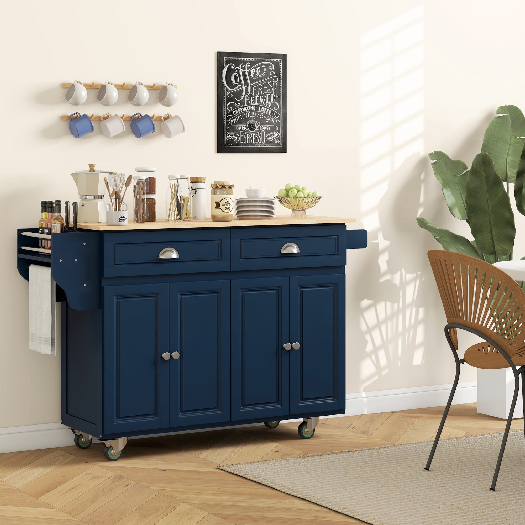 HOMCOM Kitchen Island with Storage, Rolling Kitchen Island with Drop Leaf, Solid Wood Top, 2 Drawers, 2 Cabinets, Adjustable Shelves and Knife Rack, Navy Blue