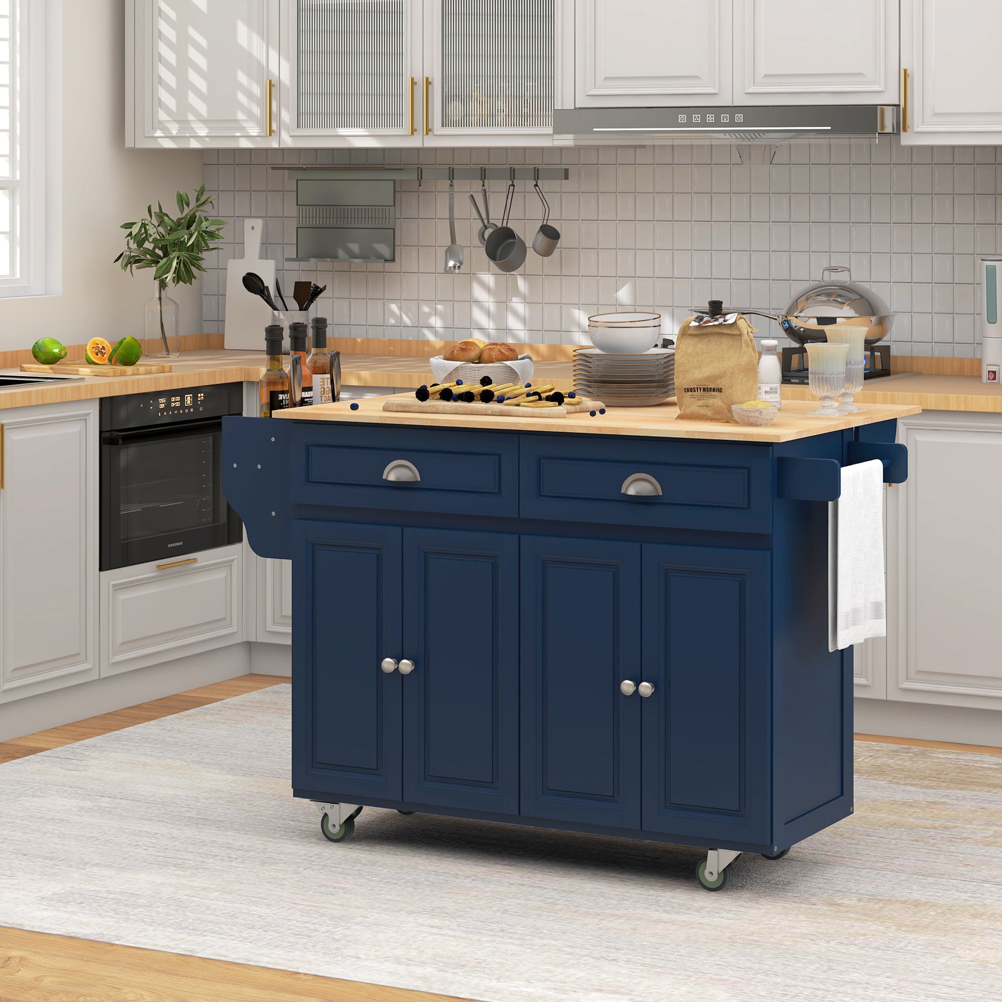 HOMCOM Kitchen Island with Storage, Rolling Kitchen Island with Drop Leaf, Solid Wood Top, 2 Drawers, 2 Cabinets, Adjustable Shelves and Knife Rack, Navy Blue