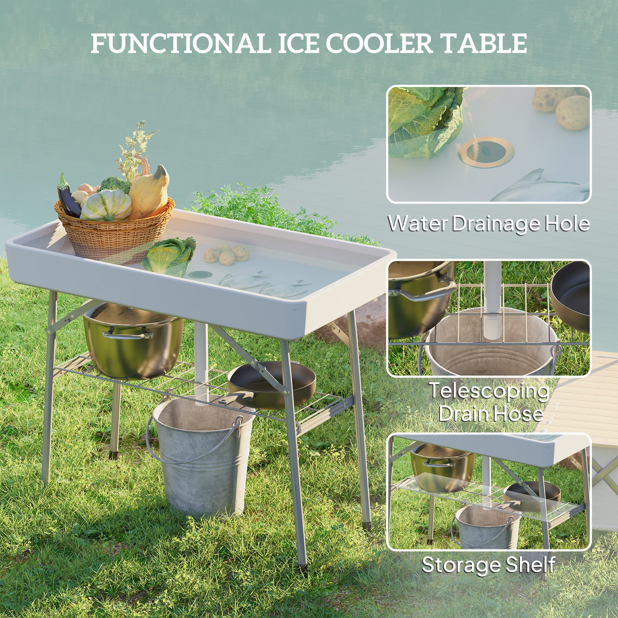Outsunny 3.4ft Folding Ice Cooler Table with Drain, Party Cooler for Drinks, Outdoor Cooler Table with Storage Shelf, Patio Cooler Table for Party Picnic BBQ Camping Wedding, White