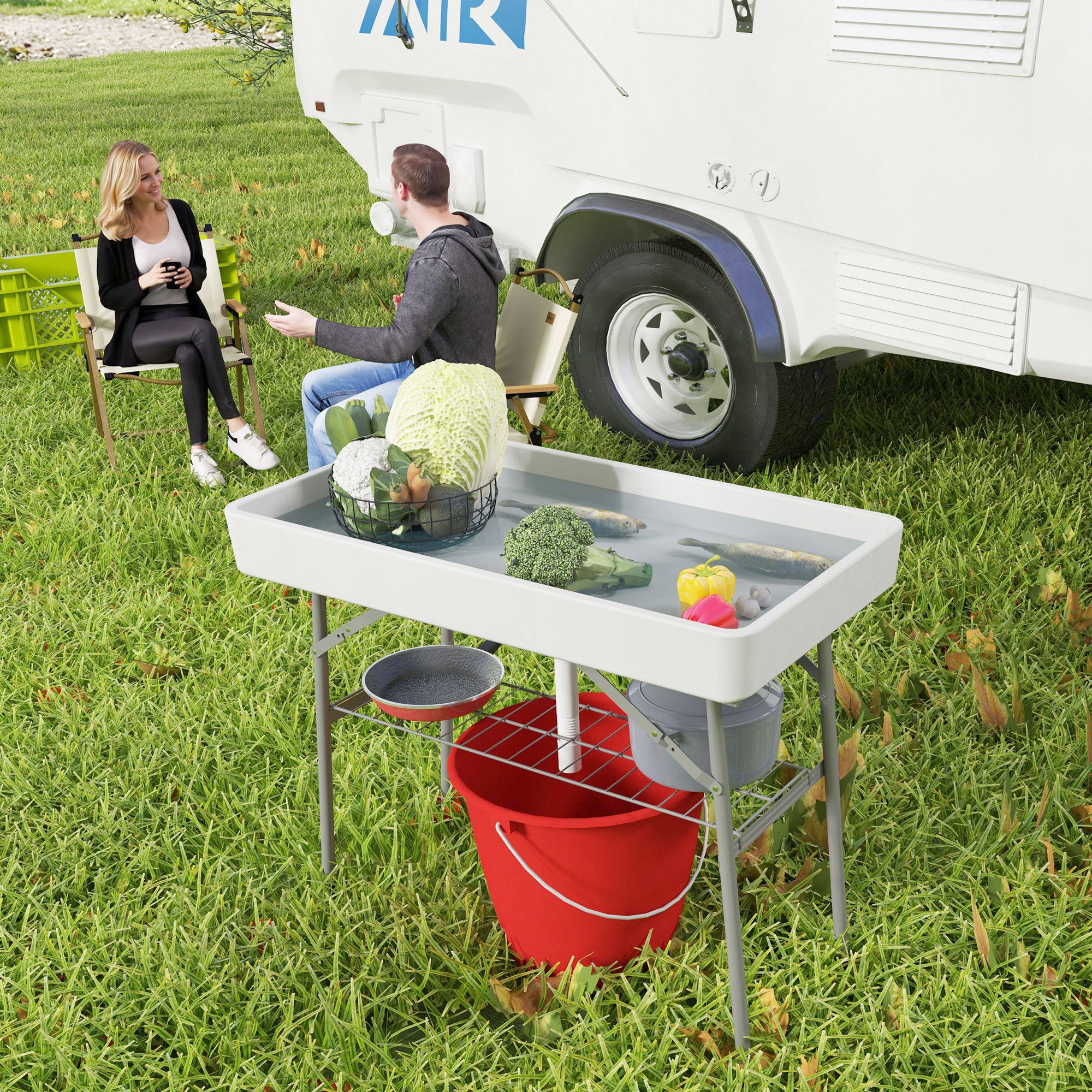 Outsunny 3.4ft Folding Ice Cooler Table with Drain, Party Cooler for Drinks, Outdoor Cooler Table with Storage Shelf, Patio Cooler Table for Party Picnic BBQ Camping Wedding, White