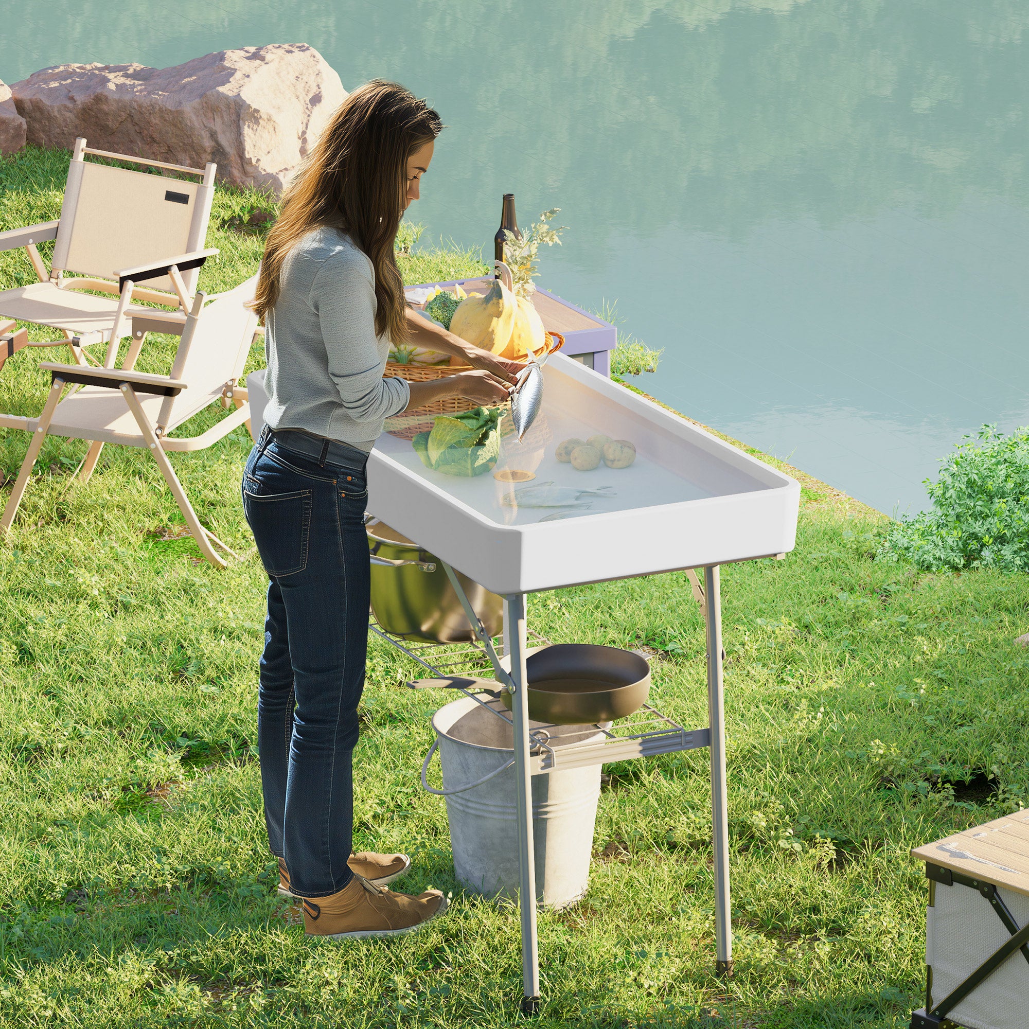 Outsunny 3.4ft Folding Ice Cooler Table with Drain, Party Cooler for Drinks, Outdoor Cooler Table with Storage Shelf, Patio Cooler Table for Party Picnic BBQ Camping Wedding, White